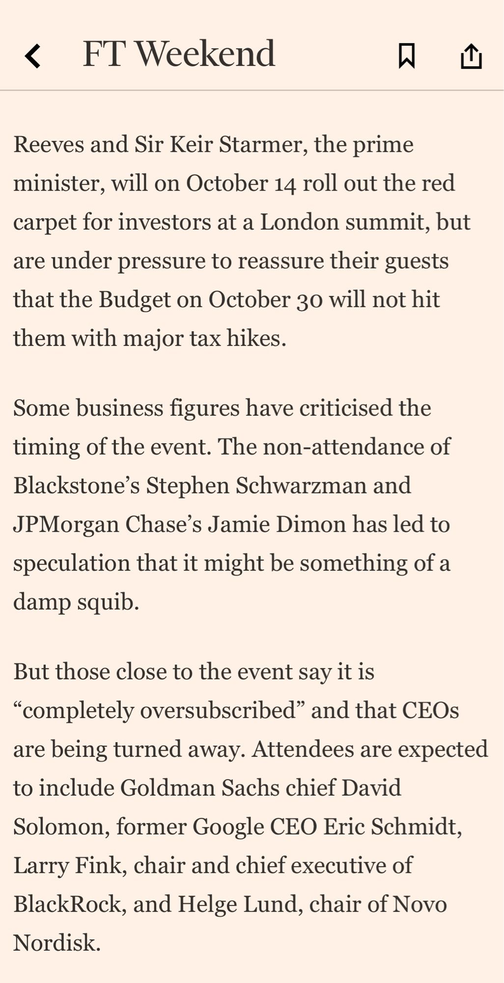 FT article on the investment summit on 14 October.