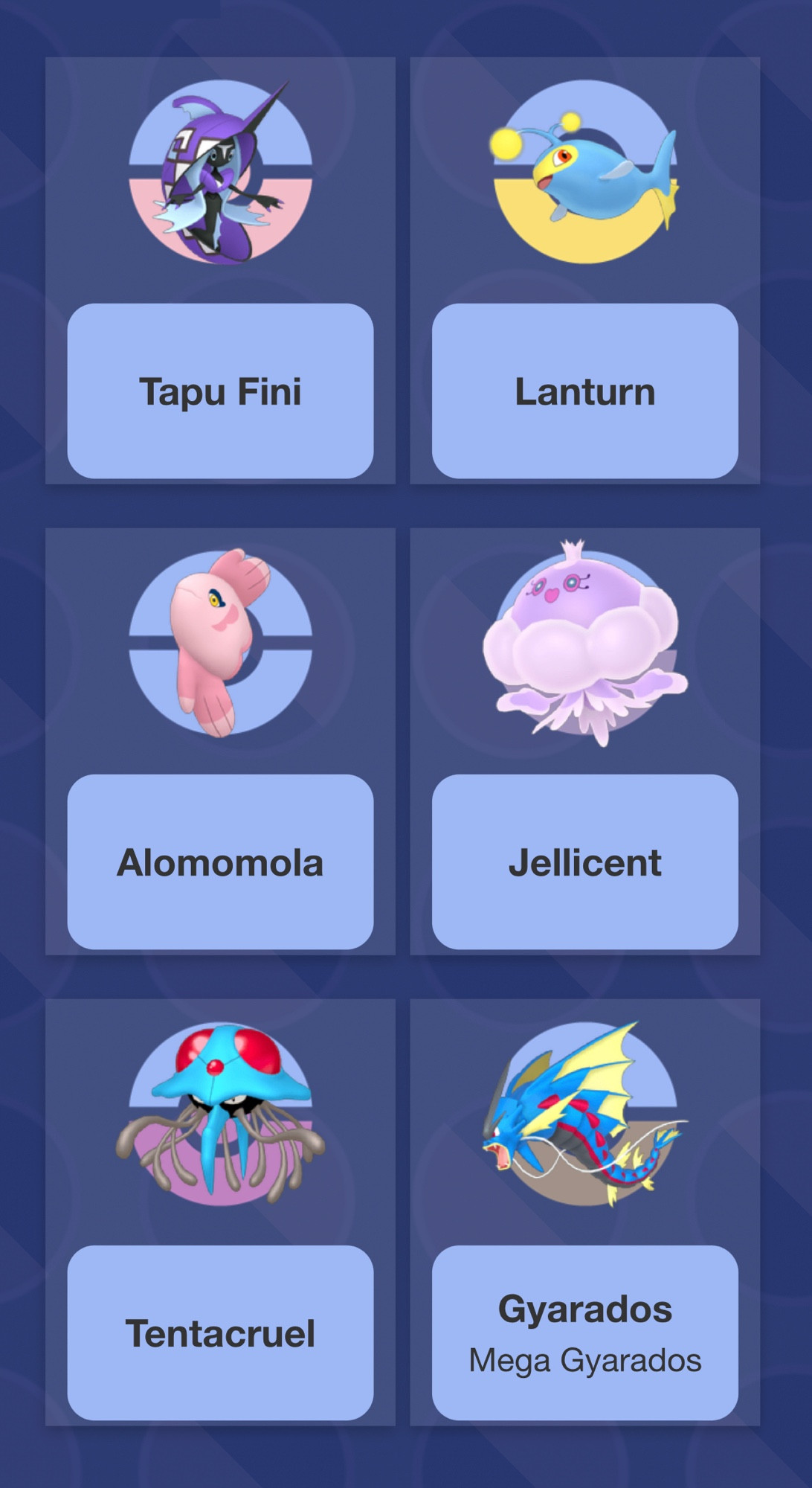 Pokemon Team consisting of Tapu Fini, Lanturn, Alomomola, Female Jellicent, Tentacruel and Mega Gyarados