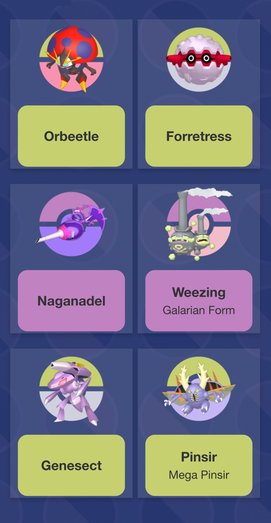 Pokemon Team consisting of Orbeetle, Forretress, Naganadel, Galarian Weezing, Genesect and Mega Pinsir