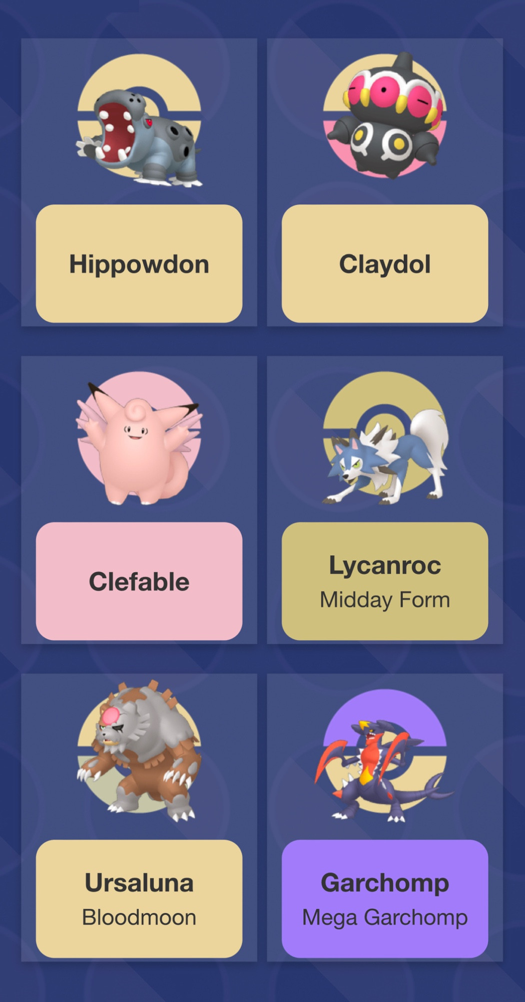 Pokemon Team consisting of Hippowdon, Claydol, Clefable, Midday Lycanroc, Bloodmoon Ursaluna and Mega Garchomp