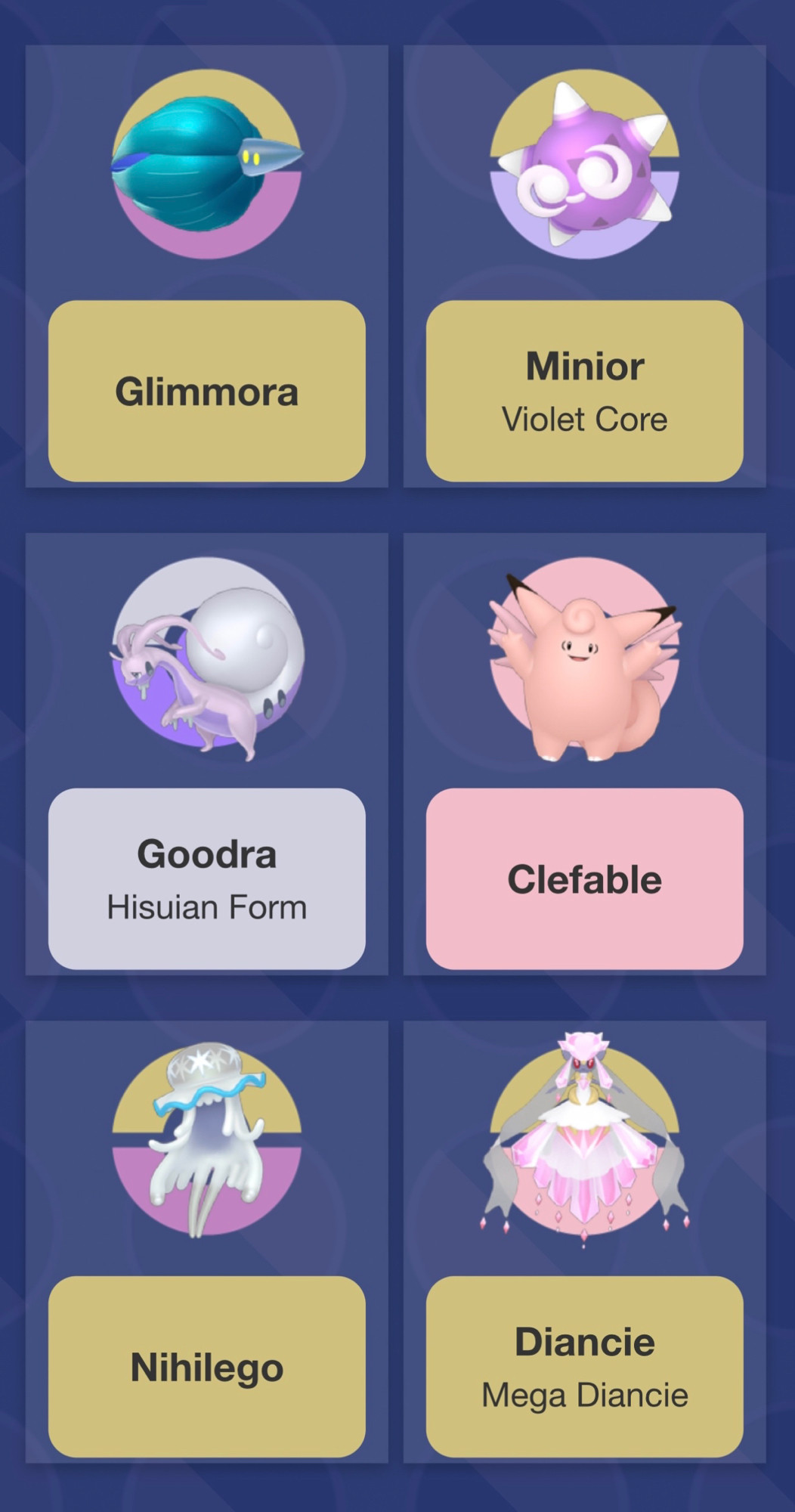 Pokemon Team consisting of Glimmora, Violet Core Minior, Hisuian Goodra, Clefable, Nihilego and Mega Diancie