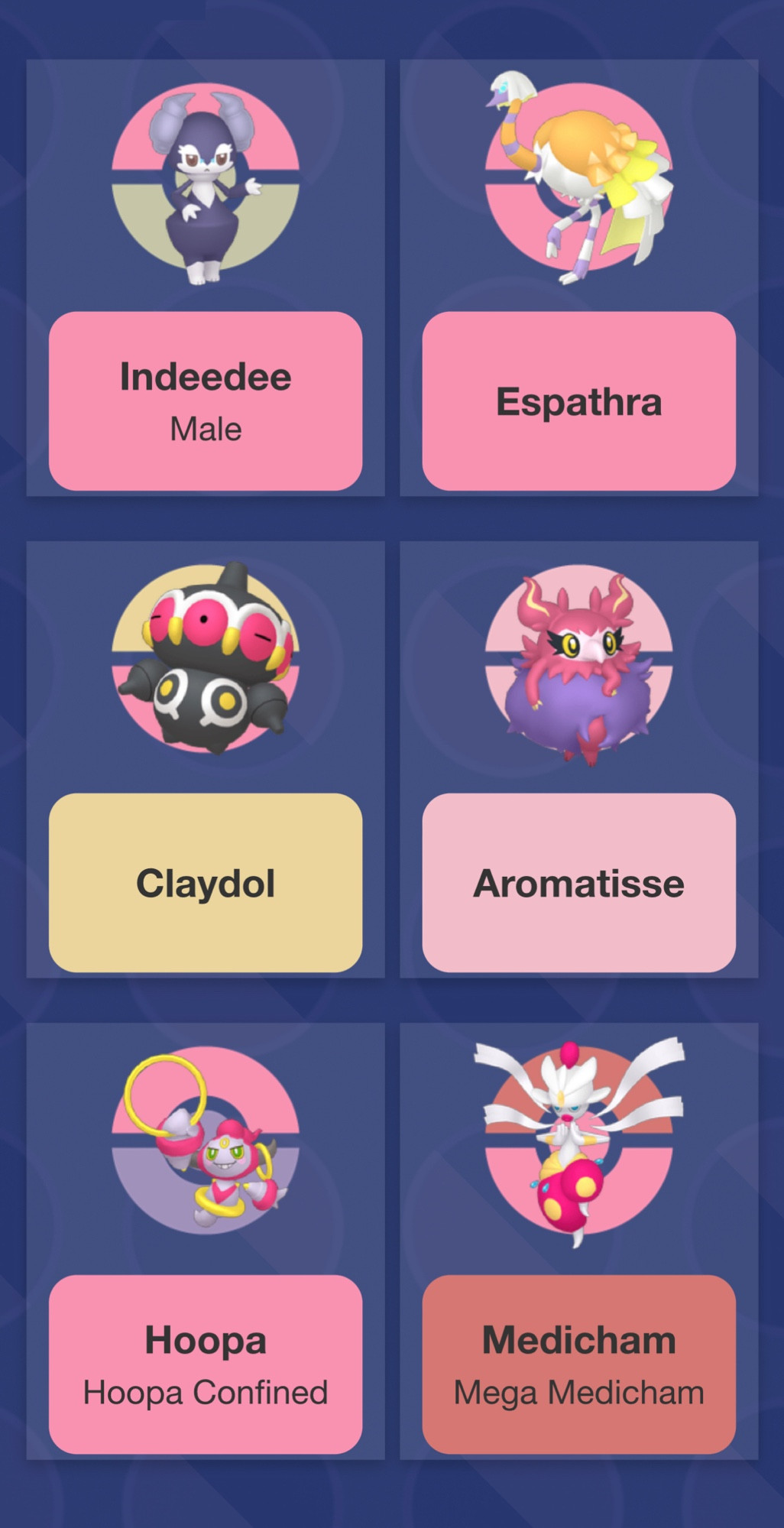 Pokemon Team consisting of Male Indeedee, Espathra, Claydol, Aromatisse, Confined Hoopa and Mega Medicham