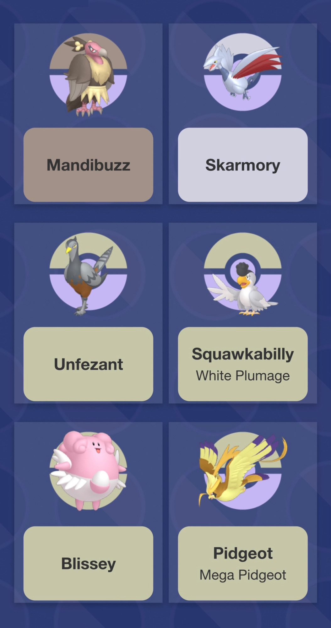 Pokemon Team consisting of Mandibuzz, Skarmory, Unfezant, White Plumage Squawkabilly, Blissey and Mega Pidgeot