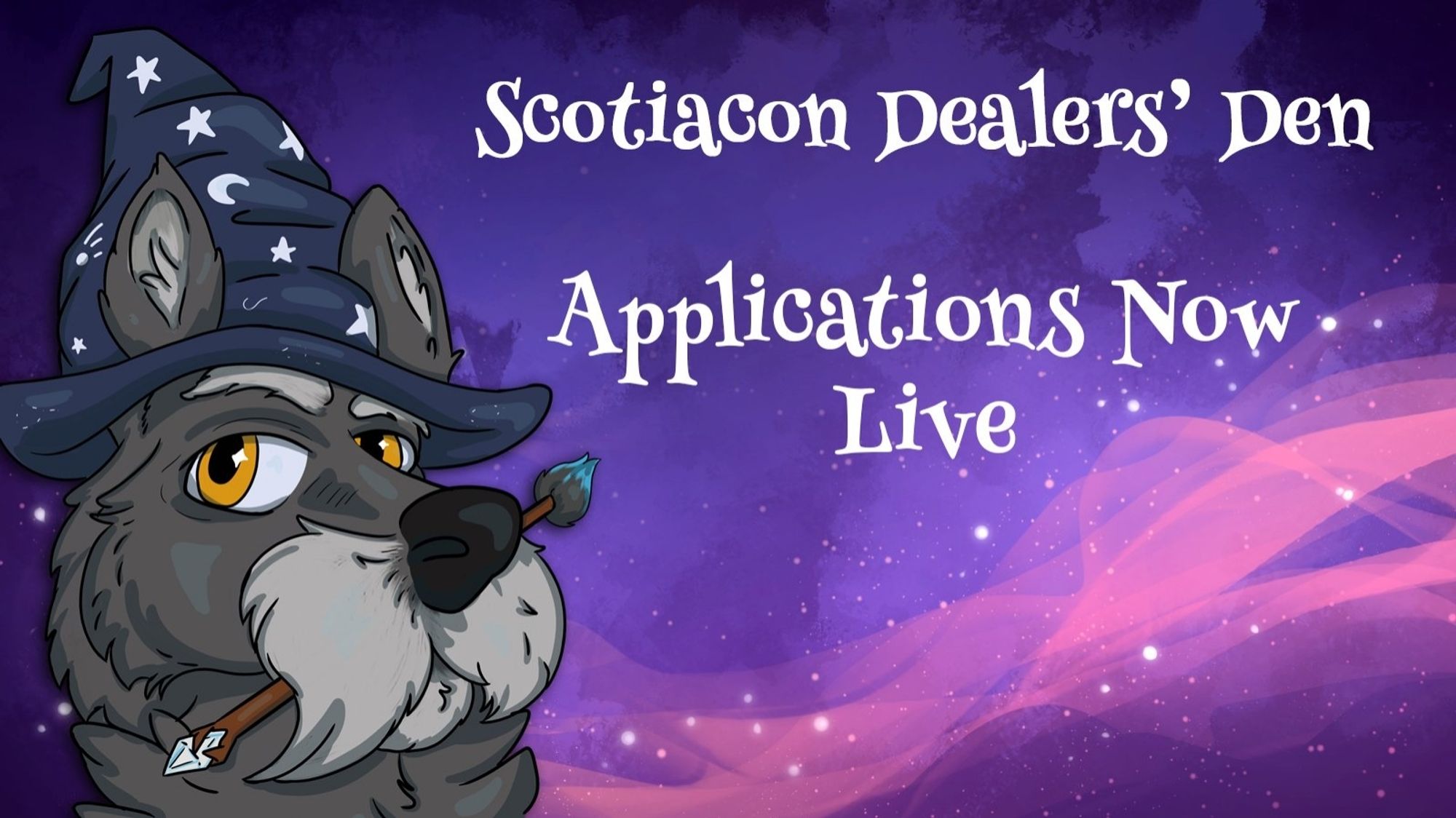 A graphic announcing that Scotiacon Dealers' Den applications are now live!