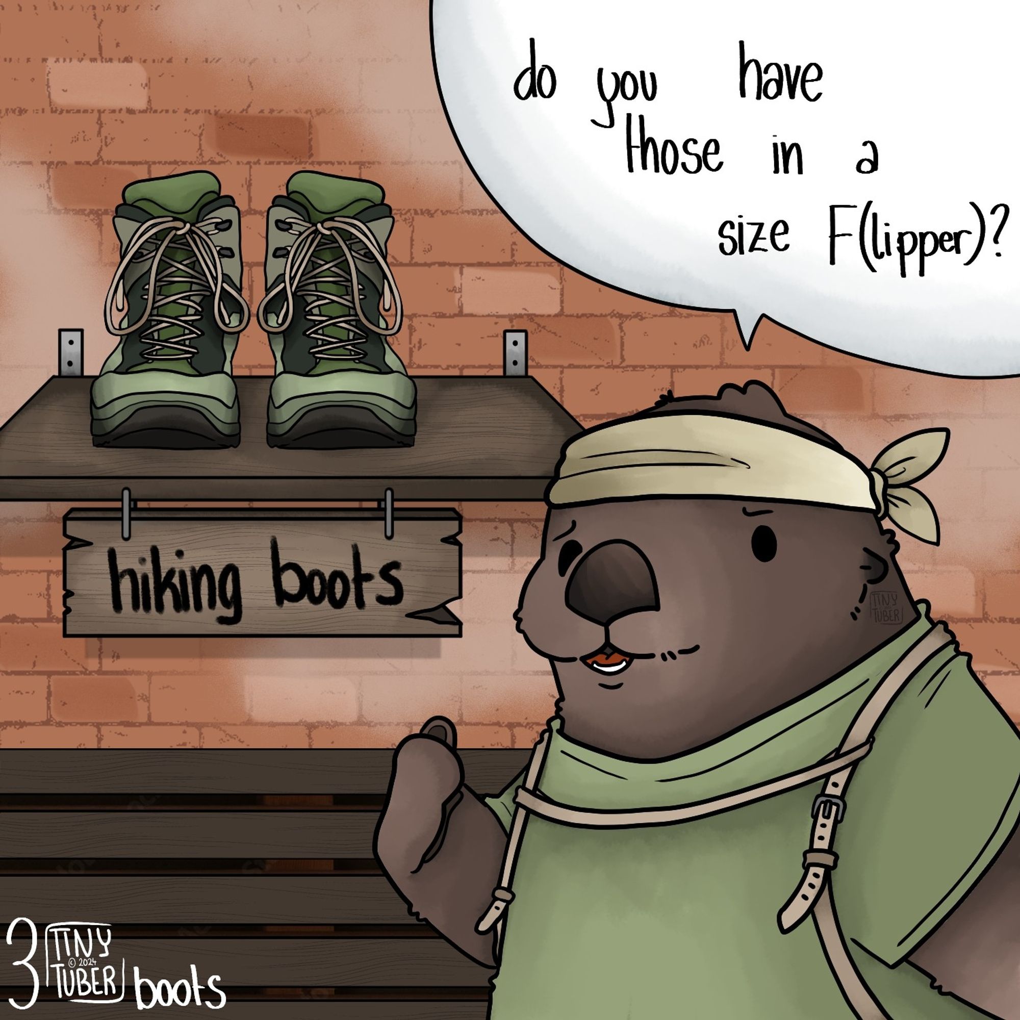 A seaotter pointing at hiking boots asking if they have them in a size flipper!