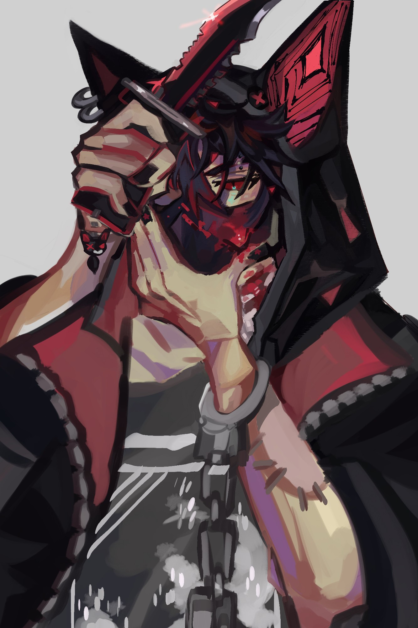 A digital illustration of K9 Kuro, a vtuber from vshojo, showcasing his original design wearing a face mask. His right hand is holding up a knife while the other cleans a faint trail of blood on his cheek. He wears a stern expression.