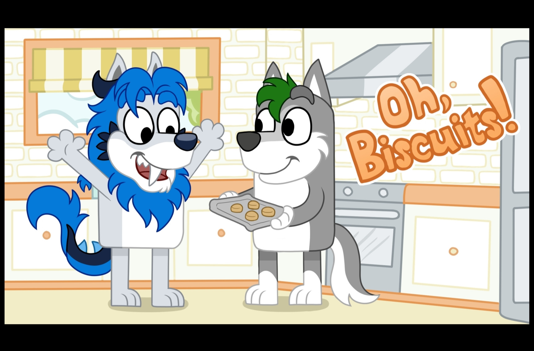 Deth and Timber in Bluey style art. They are in a kitchen. Timber is holding a tray of biscuits and Deth has his arms raised in excitement. The text "oh biscuits!" is off to the side