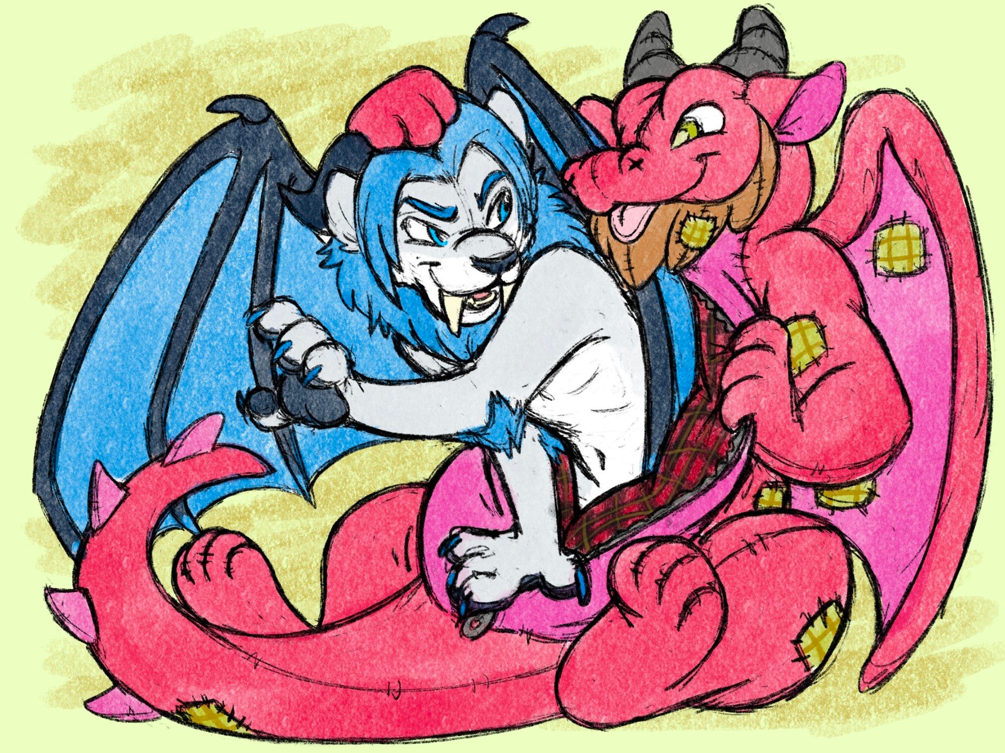 A plush red dragon dragon with plenty of patches and a belly zipper is stuffing Deth inside himself. Deth looks like he's trying to fight it, but has a grin. Both look like they're enjoying the interesting and what will result