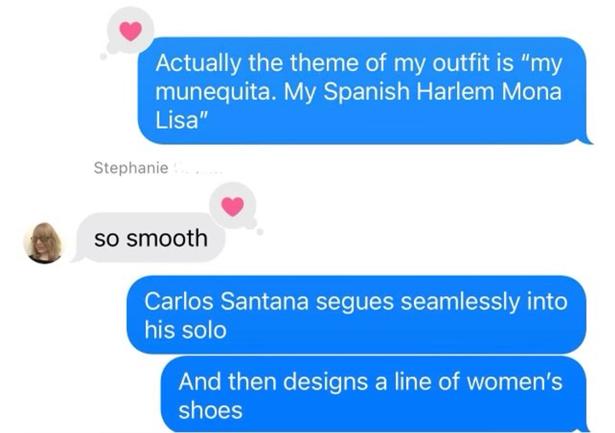 text conversation about carlos santana and the song “smooth”