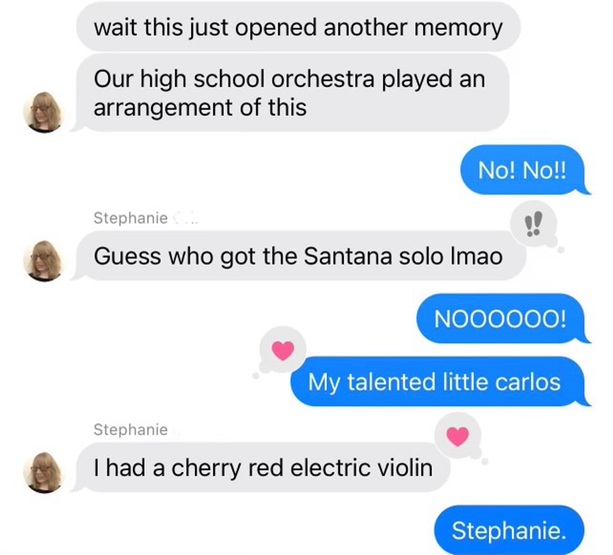 woman admits a deeply buried memory: that she played the santana solo of “smooth” in high school orchestra on a cherry red electric violin