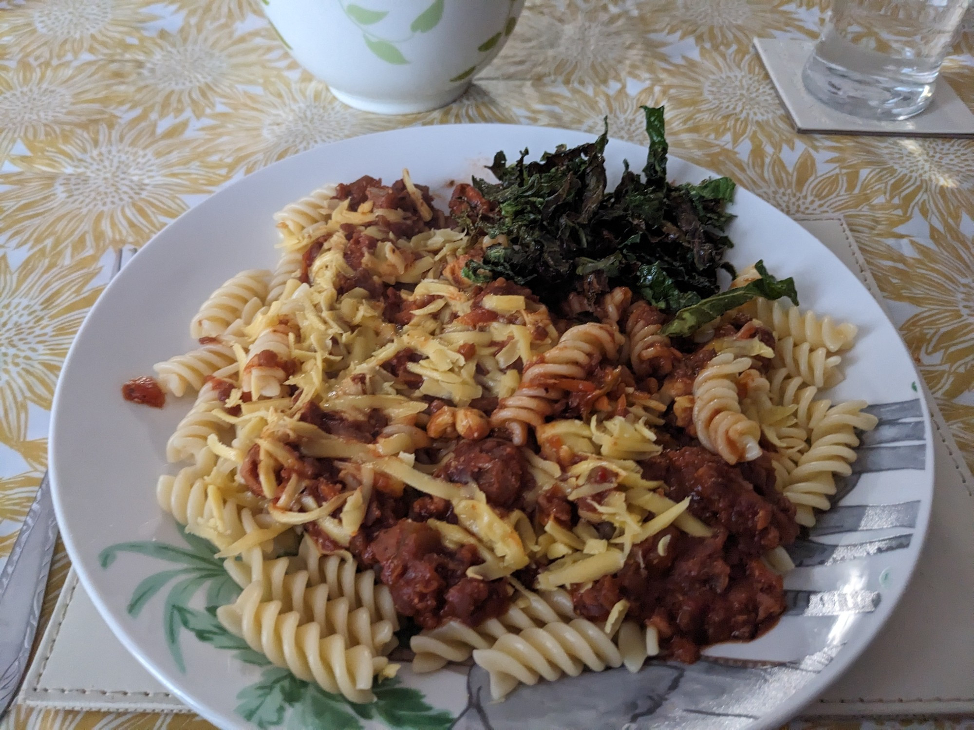 Picture of lentil and walnut Bolognese with added crispy seaweed.