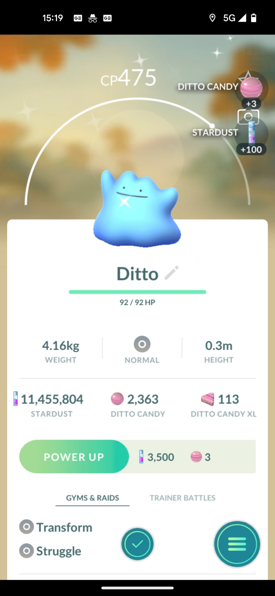 Screenshot of a newly caught shiny Ditto in Pokémon Go.