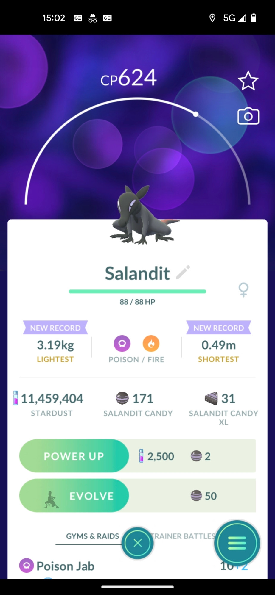 Screenshot of a female Salandit from Pokémon Go.