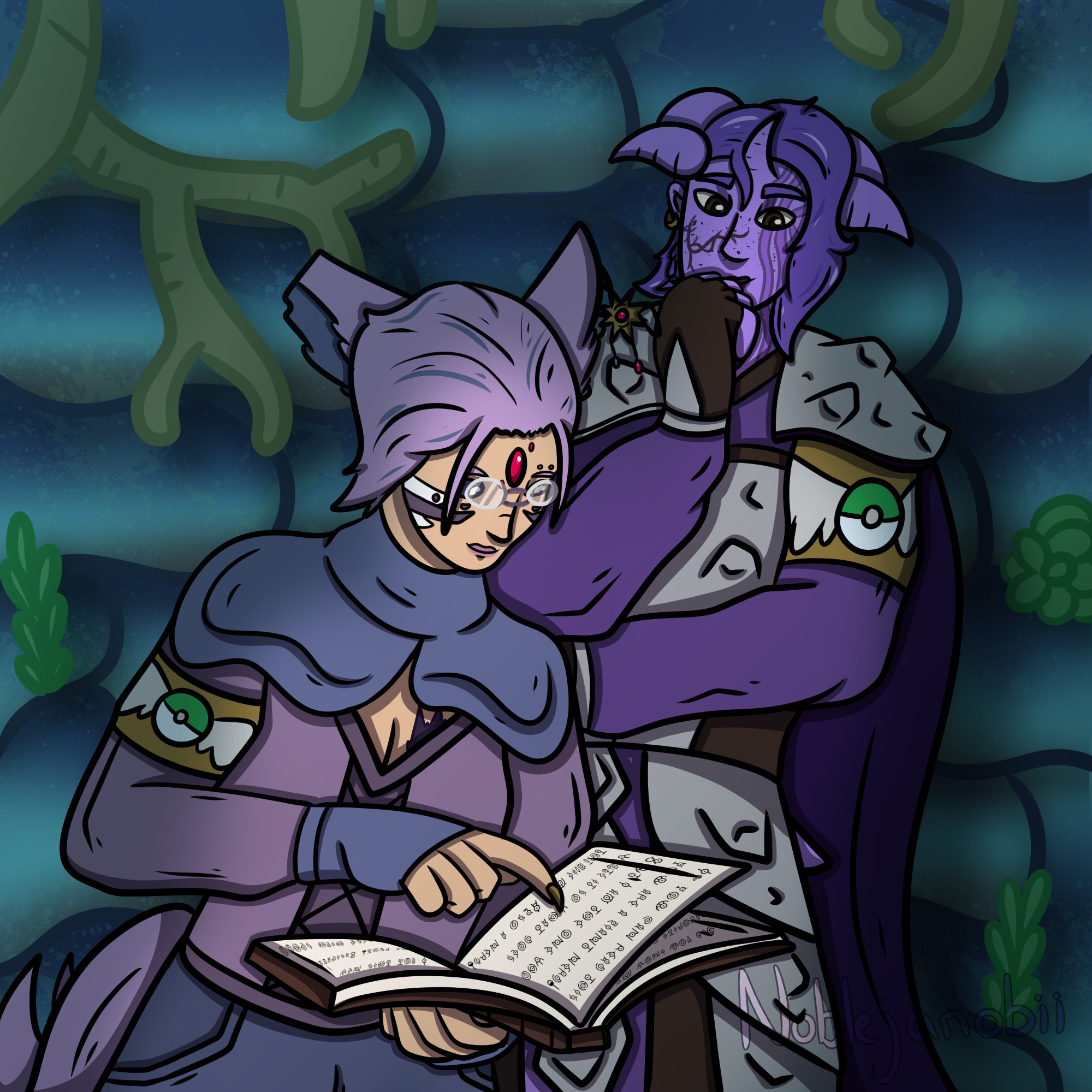 A pair of gijinkas exploring a dark, underwater-esque cave. An espeon gijinka searches for clues as to their goal from a book in Unown text while the shiny lapras gijinka looks on in deep thought. 

The text of the first page, written in Unown, reads, "If you can read this you are a giant nerd! But I am the one who wrote it so what does that make me? Also a nerd!"

The other two pages are not fully visible but the visible text on them reads, "Did you know my favorite..." and "I got this new anime plot! Basically there's this high school..."