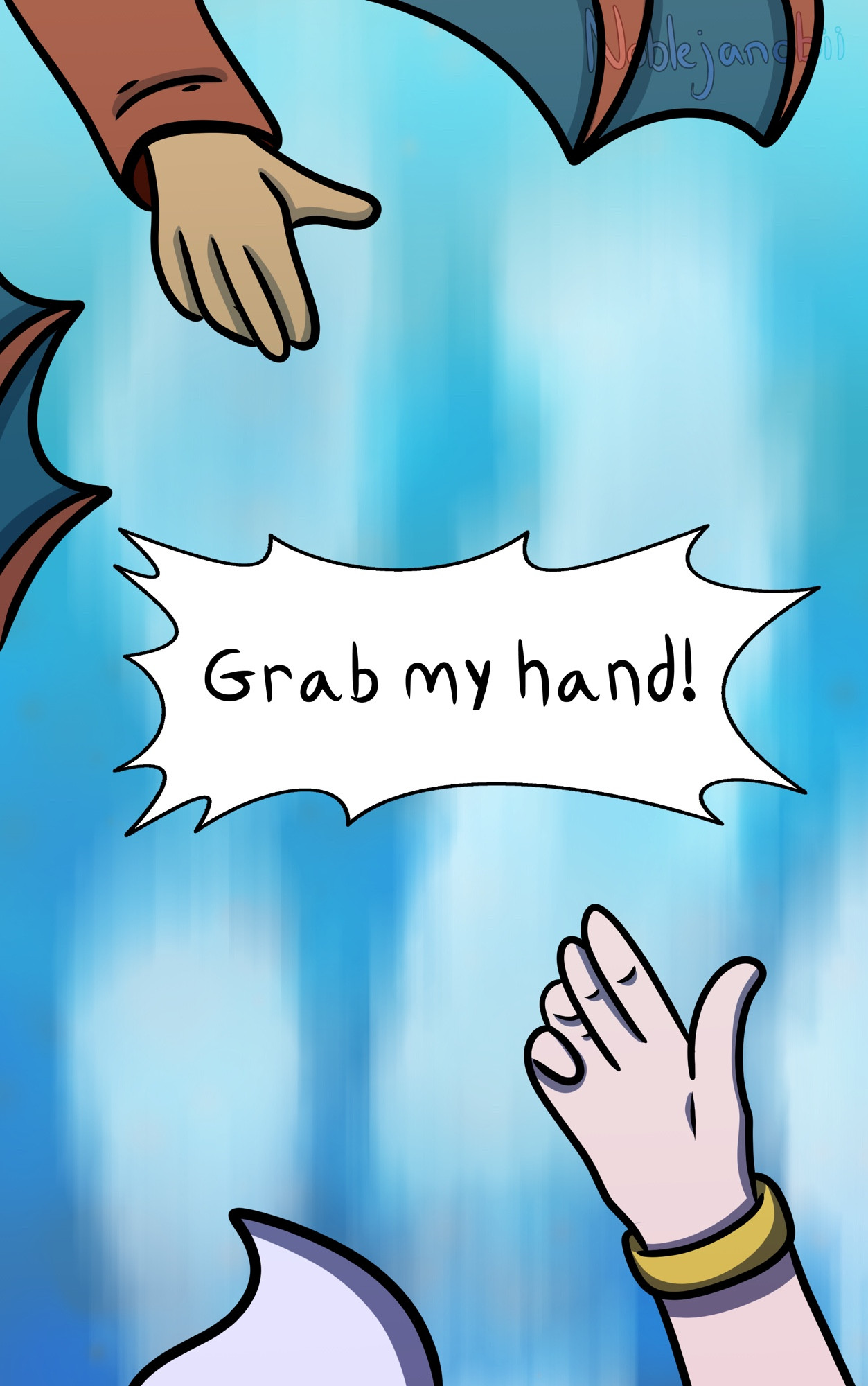 Two hands outstretched towards each other. The upper one, a Charizard, is desperately trying to catch the lower one, a shiny eevee, as they hurtle towards the ground. The speech bubble in the middle reads “Grab my hand!” The speaker is purposely left vague.