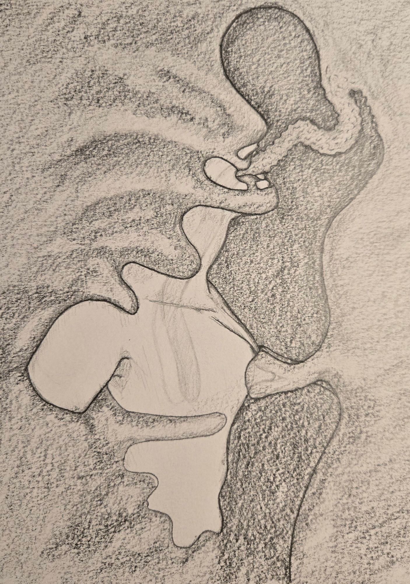 A partial humanoid form being consumed by a dark material that covers their face from the nose up, and holds their mouth open to such a degree that a tentacle can be easily inserted into the throat, shown by a slightly shaded continuation of the tentacle into the torso. Their nipples are also being stimulated and sucked on, and are visible in a similar manner.