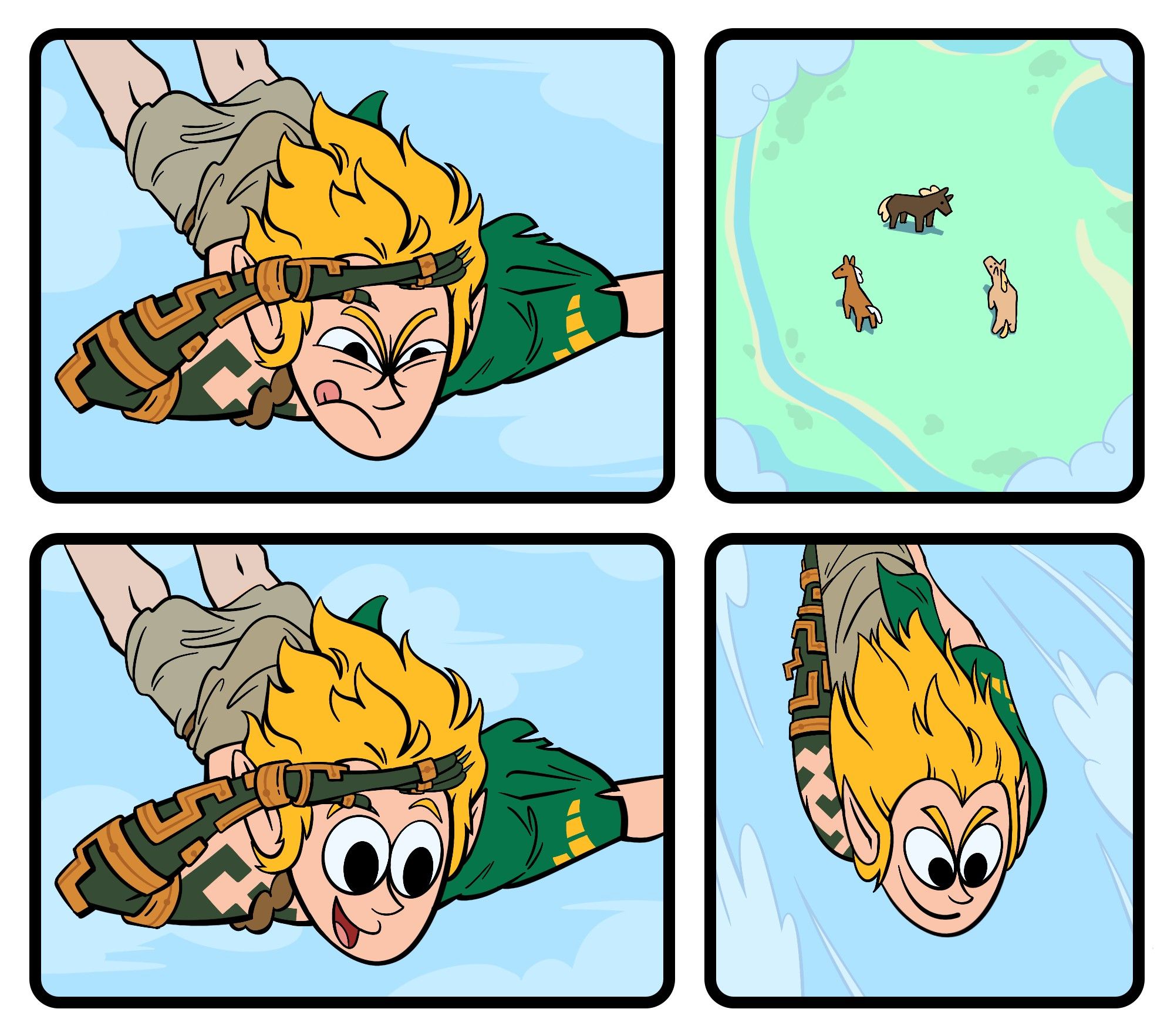 Panel 2: Link squints, seeing something in the distance
Panel 3: Slightly closer bird's eye view of 3 grazing horses
Panel 4: Link is excited after seeing the horses
Panel 5: Link tucks his arms and legs in, skydiving faster towards the horses