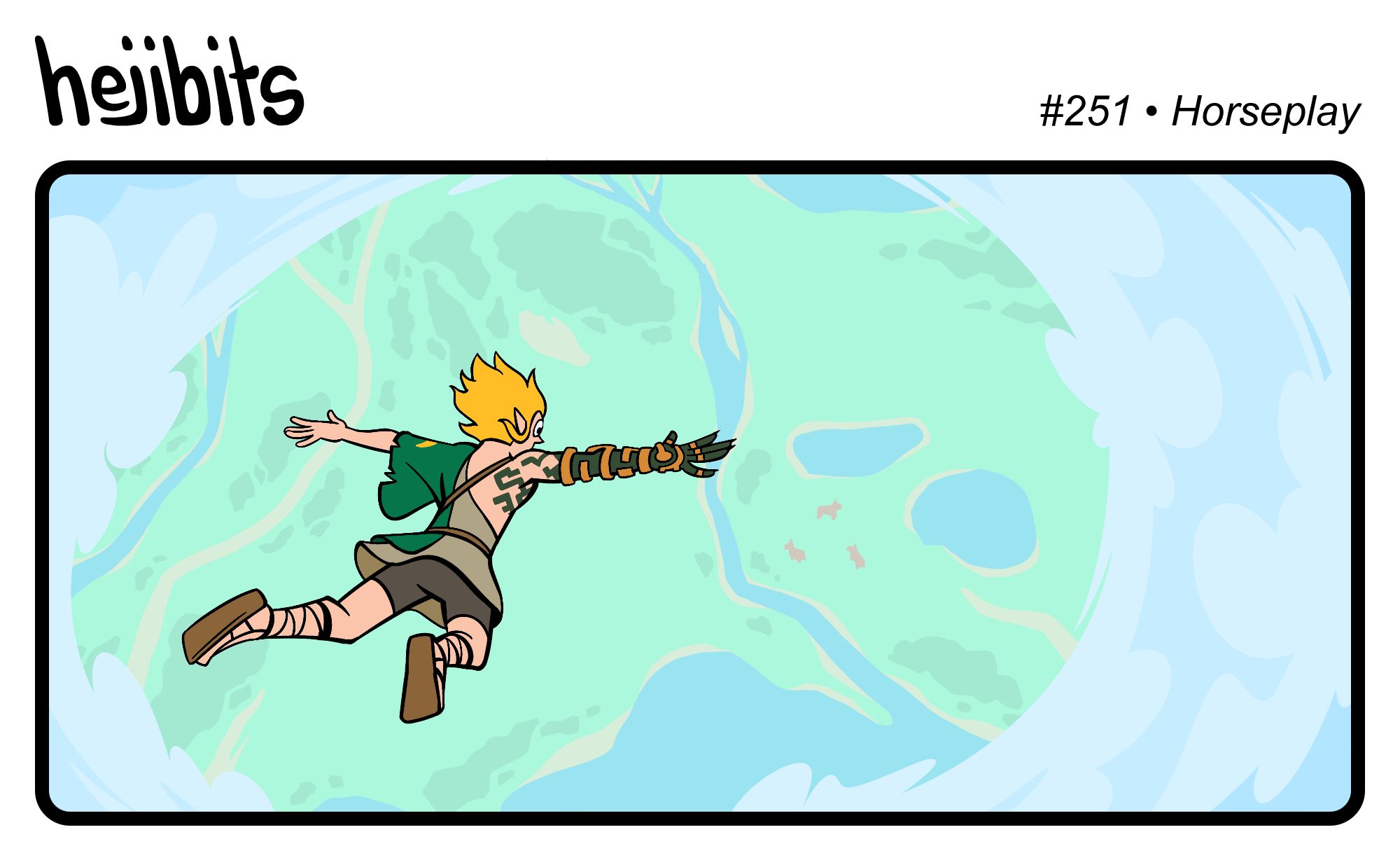 Panel 1: Link is skydiving over a bird's eye view of Hyrule