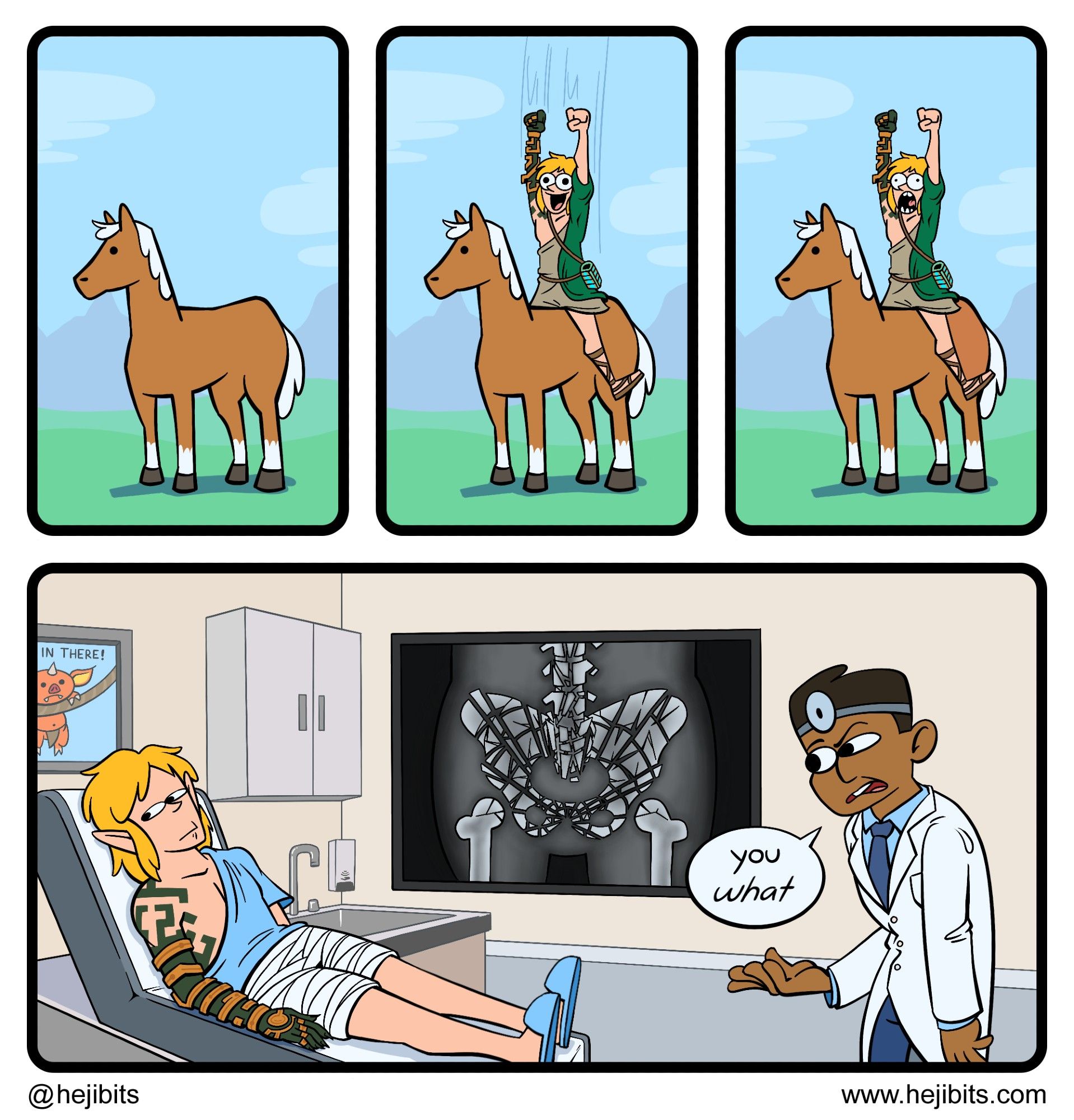 Panel 6: At ground level, a horse is standing in the field
Panel 7: Link lands on the horse, excited
Panel 8: Link is still on the horse, but his face has become pained
Panel 9: Link is in a doctor's office, sitting on a patient bed with a cast around his lower body. In the background is an x-ray of Link's shattered pelvis. The doctor gestures confusedly, saying "you what". There's also a "hang in there!" cat poster but it's a Bokoblin instead