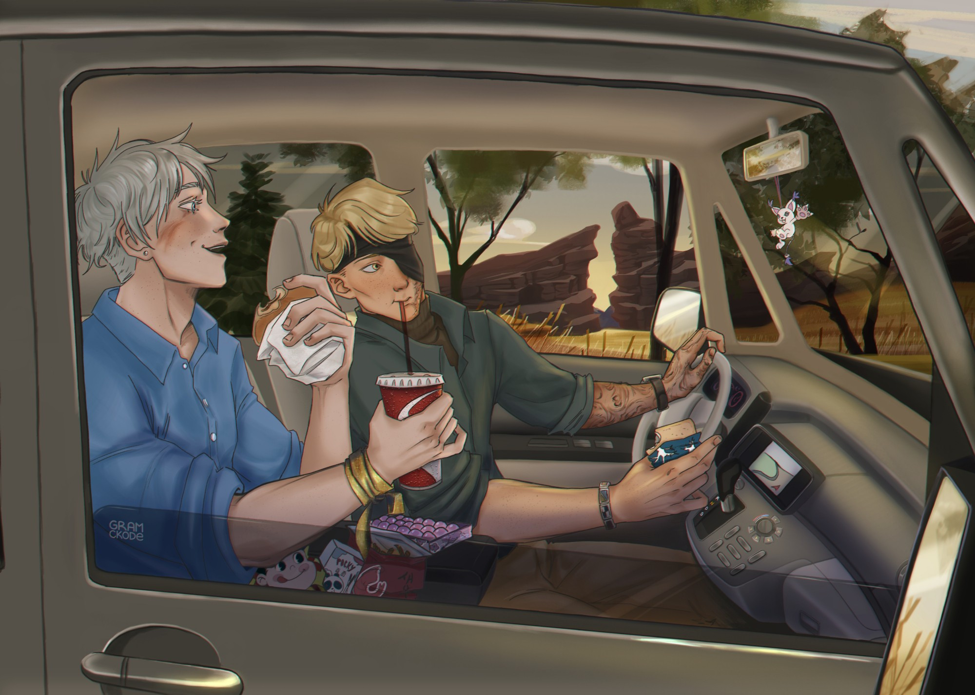 Art about Nanago doing a weekend trip. Nanami is driving a car while Gojo is sitting by his side eating a dorayaki and offering a soda drink to Nanami