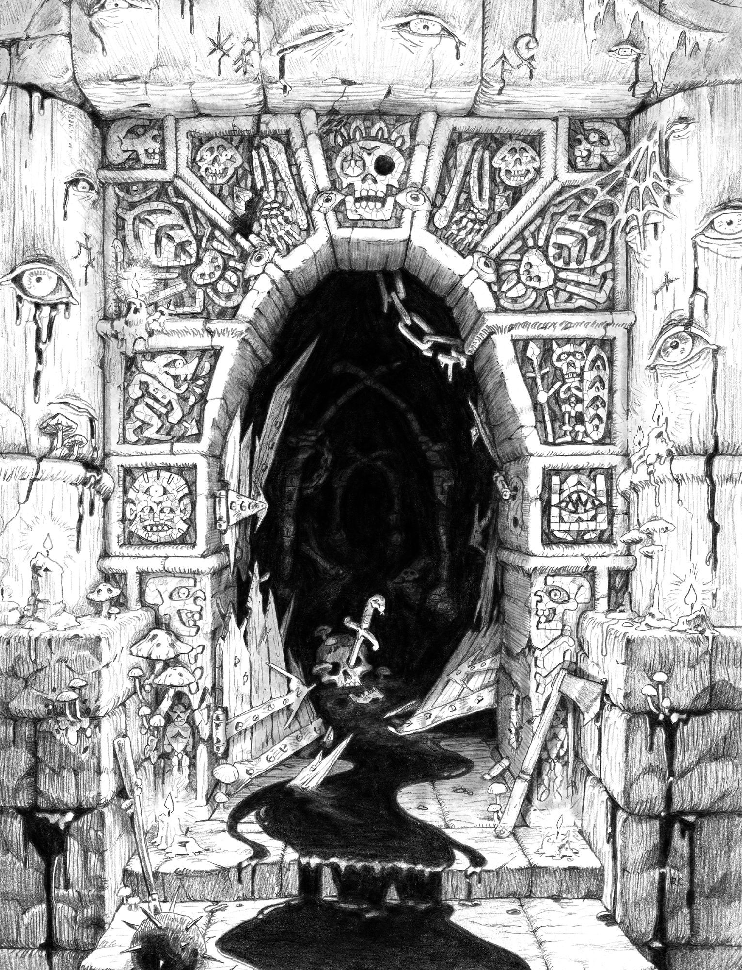 A spooky dungeon scene with a smashed door leading into a dark passageway. Strange carvings ring the door. Nearby columns bear stone eyes that weep a dark fluid and shine in guttering candlelight