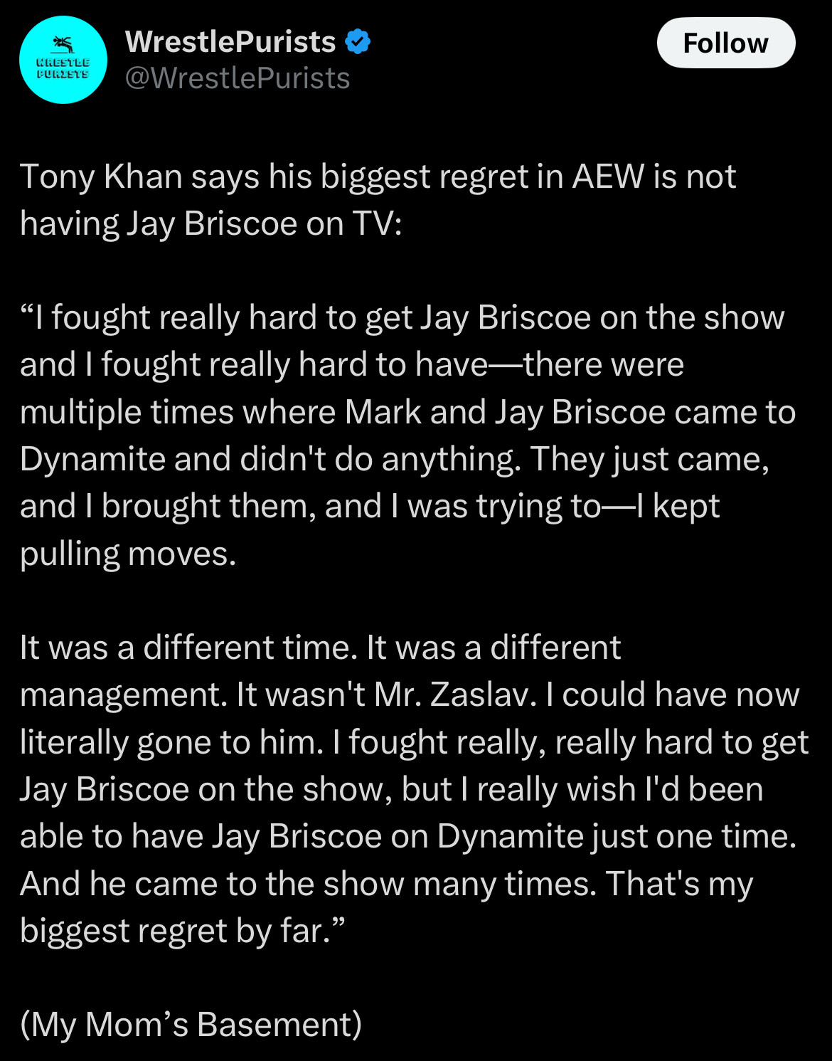 Tony Khan mentions his biggest regret with AEW in an interview with My Mom’a Basement 

#WrestleSky 🤼🤼‍♀️
#AEW 🤼🤼‍♀️