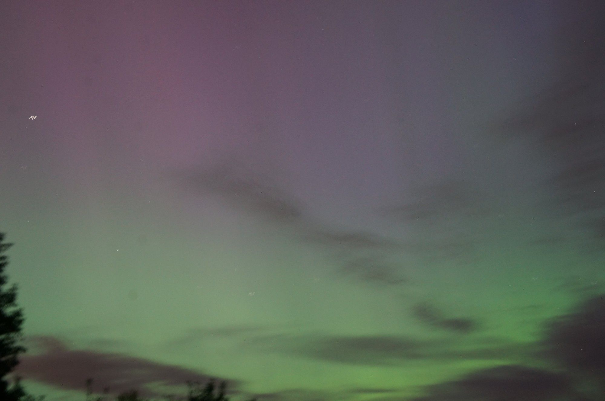 Mostly green sky filled with hazy aurora with some clouds in the foreground