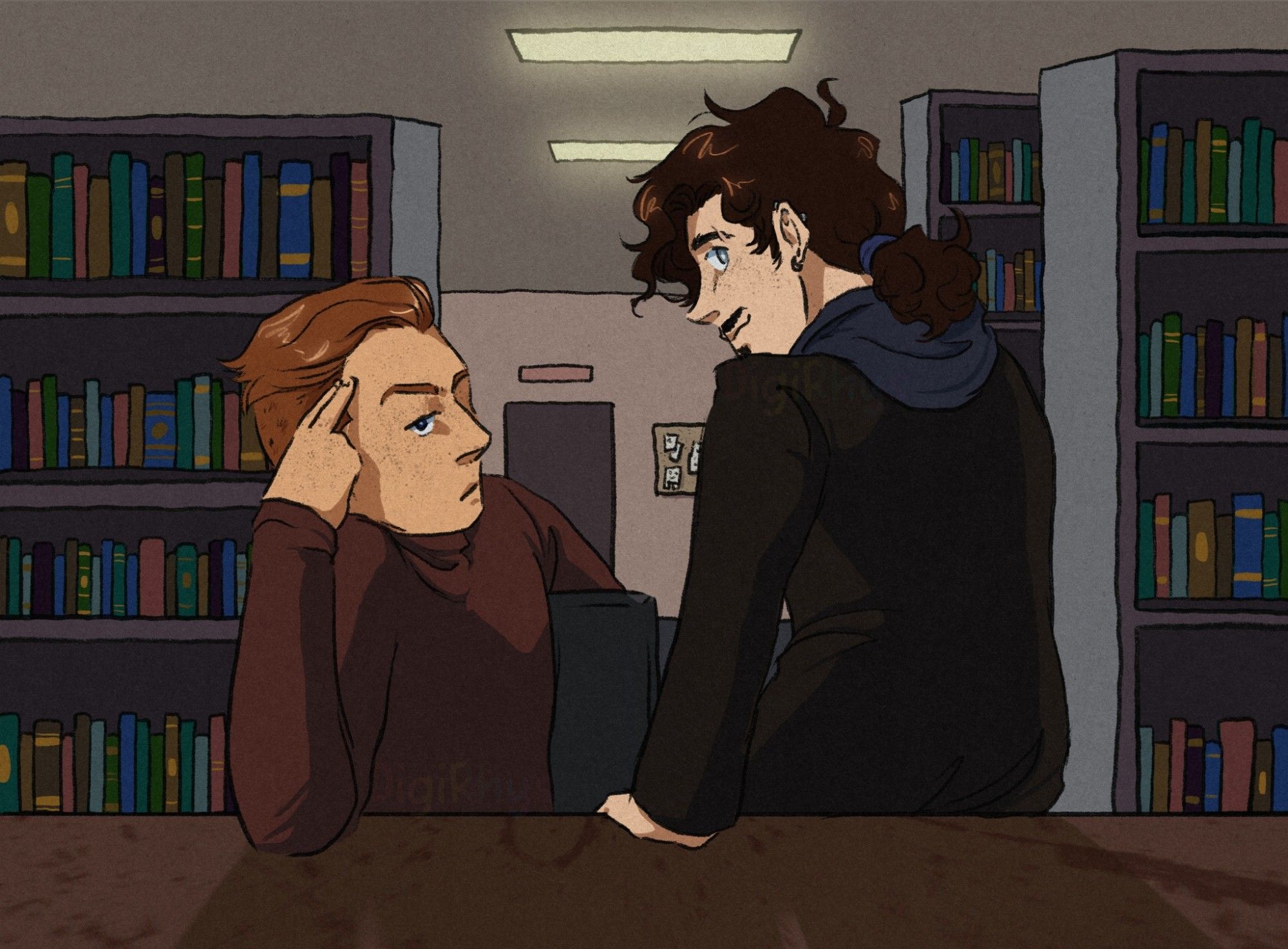 Digital drawing of Victor and Charles both looking out at the viewer, seated in a room in the Archives – several shelves of books recede behind them and a corkboard is on the wall by the far door. Charles leans an elbow on the desk, looking annoyed, and Victor is perched on the edge of the desk looking back over his shoulder.