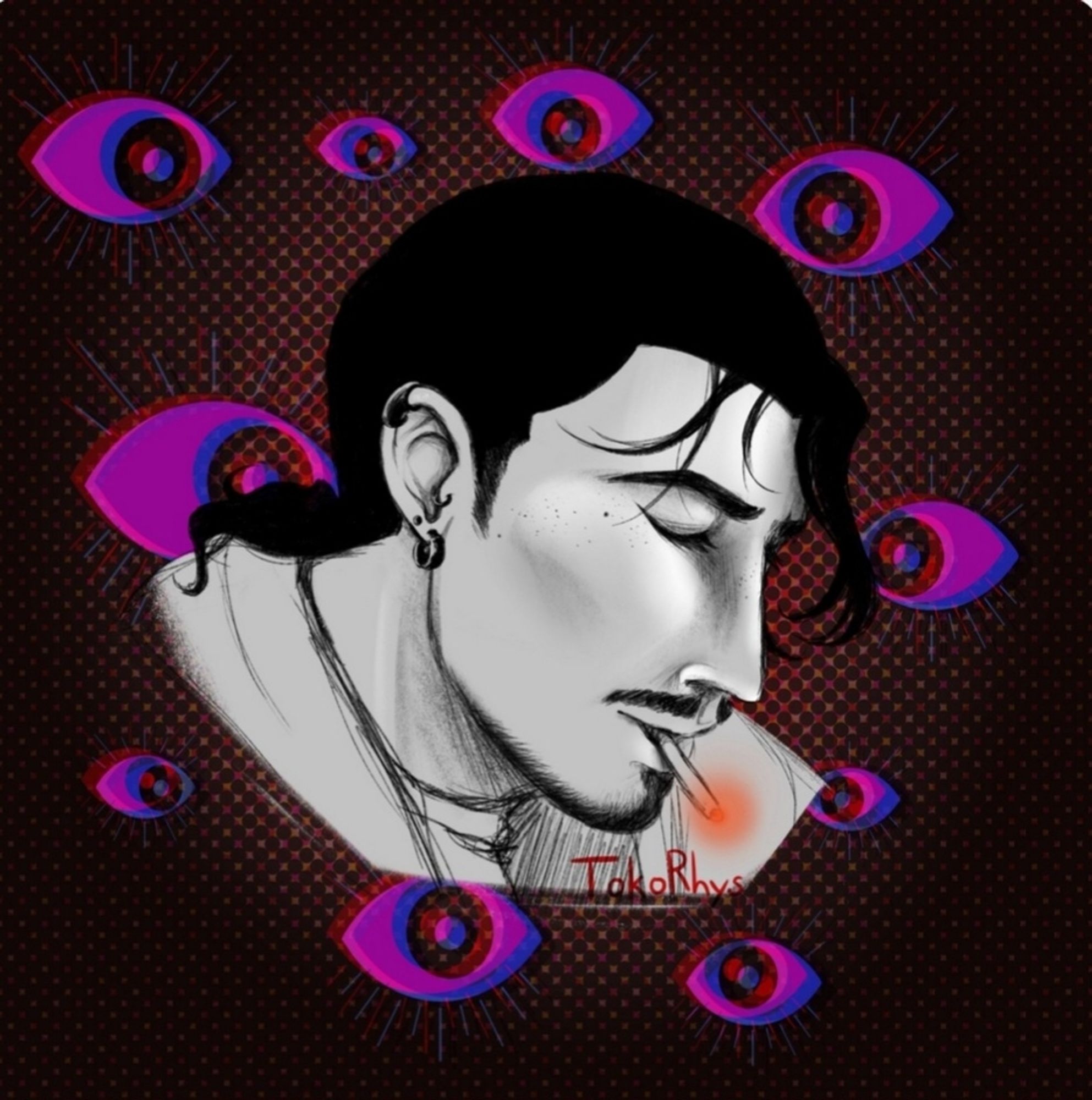 An old digital headshot of my OC, Victor, from December 2020. Victor is sketched in black & white from a reference photo of his faceclaim (Garrett Hedlund), head angled down and his eyes closed, smoking a cigarette with a brightly burning end. The background is dark reddish with a halftone pattern. Several bright magenta eyes in various sizes are scattered around, all staring at him, with a chromatic aberration effect applied to them.