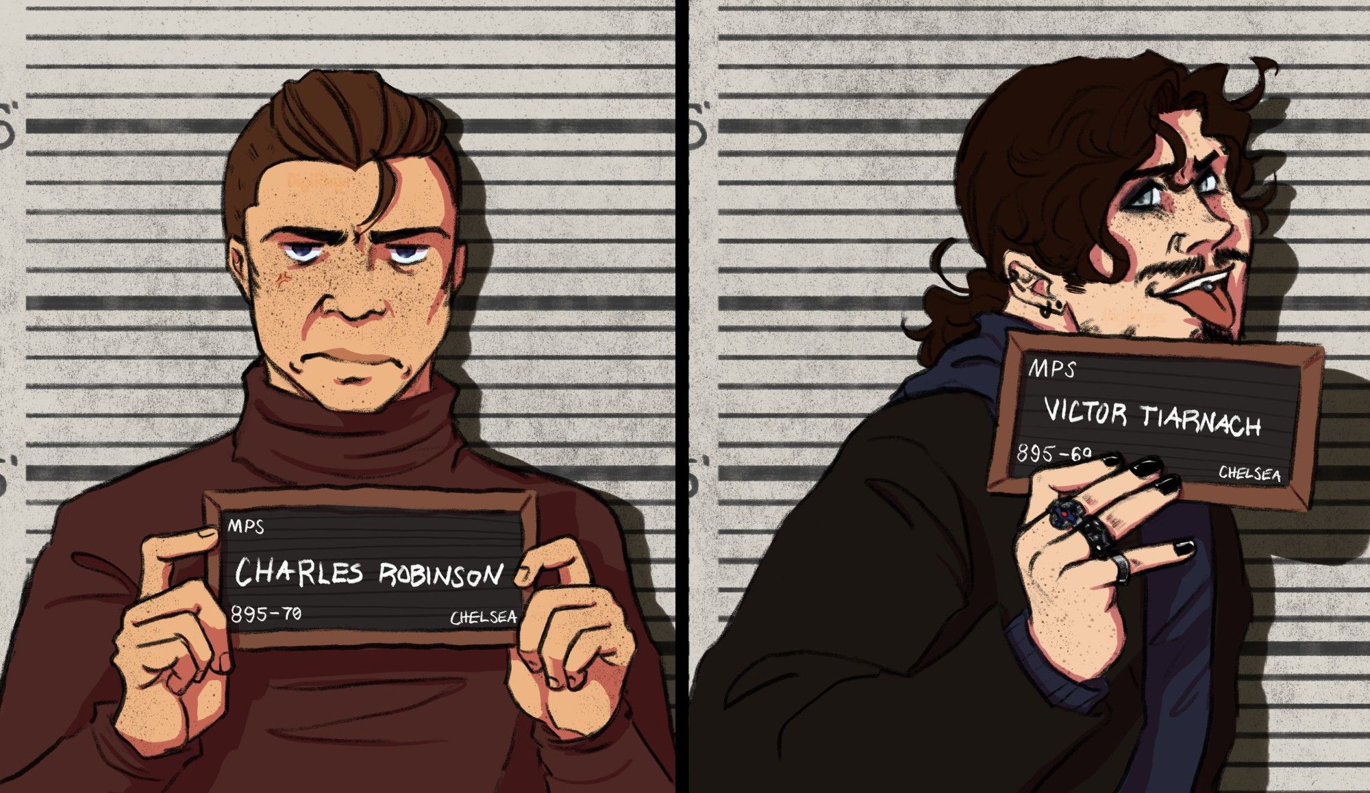 Digital drawing of my partner's OC, Charles Robinson, holding a placard getting a mugshot photo taken ala the Barbie movie mugshot meme. His eyes are half-closed and he's frowning deeply, aggravated. Matching digital drawing of my OC, Victor Tiarnach, also getting his mugshot photo taken. He's posed as the "and Ken" half of the Barbie meme. He's facing 3/4 to the right and holding the placard with one hand, sticking his tongue out and grinning.