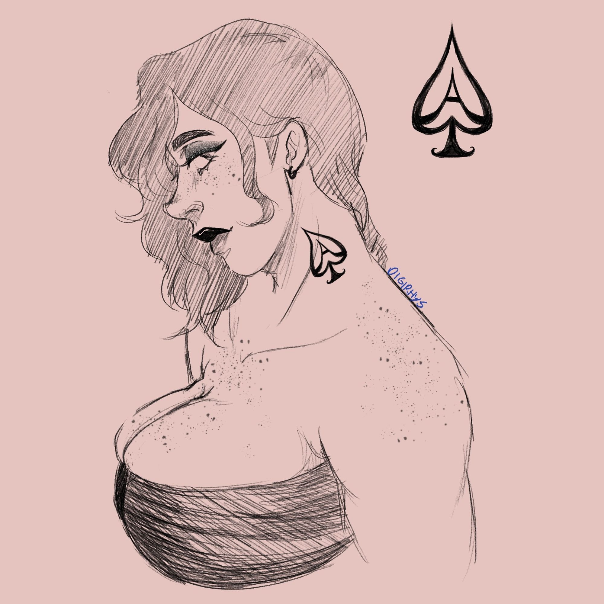 Digital sketch of Quinn in profile from the chest up on a pale pink background. Drawn with long hair braided unevenly draped down their back, looking aside at the viewer. Dark-painted lips and wearing a snug strapless top that accentuates large breasts. A stylized spade tattoo containing an 'A' is on the left side of their neck (ace of spades).