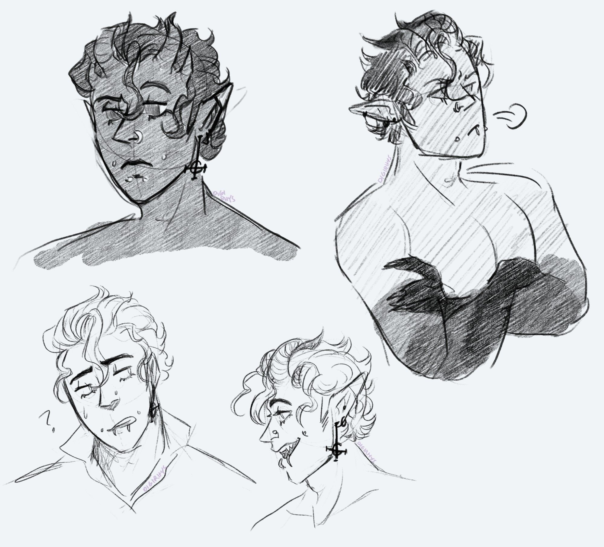 More digital sketches of Zephyr making various expressions, uncolored. Three are of his normal ghoul form: 1) looking quizzically to the side, 2) huffing with his arms crossed, and 3) a profile shot of him smiling with his mouth open. A 4th sketch is him glamoured, head tilted and looking confused.