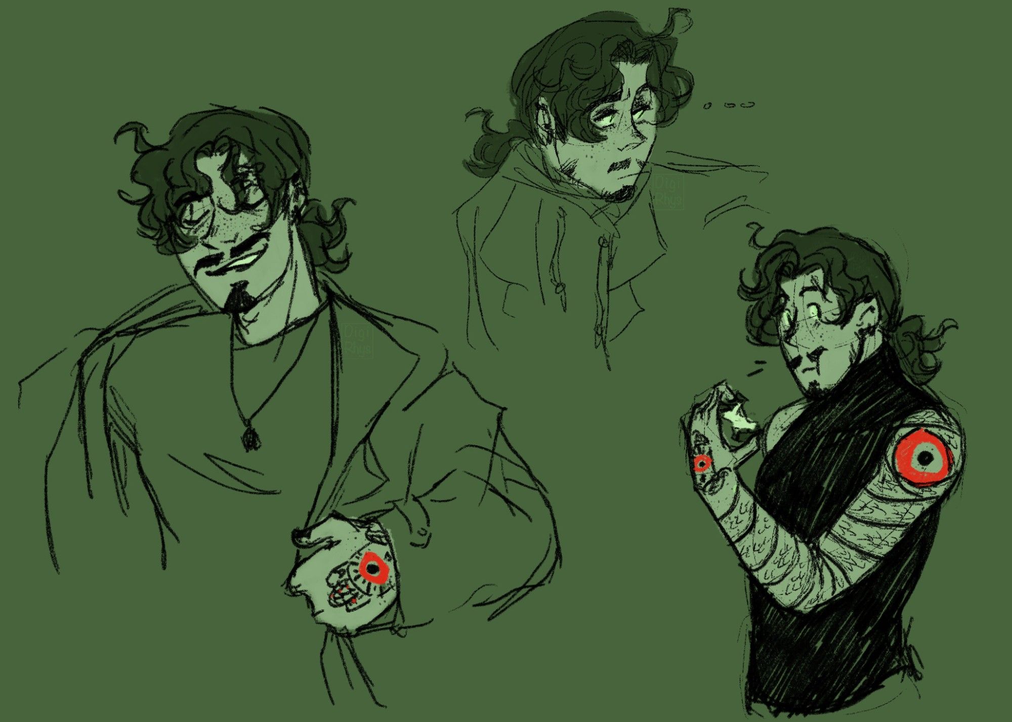 More sketches of Victor. Pulling his jacket on while talking and grinning smugly, a small bust of him looking to the right over his left shoulder, and torso-up of him in a sleeveless black turtleneck while he eats an apple. His snake tattoo is visible curling up the length of his left arm with the eye on his shoulder.