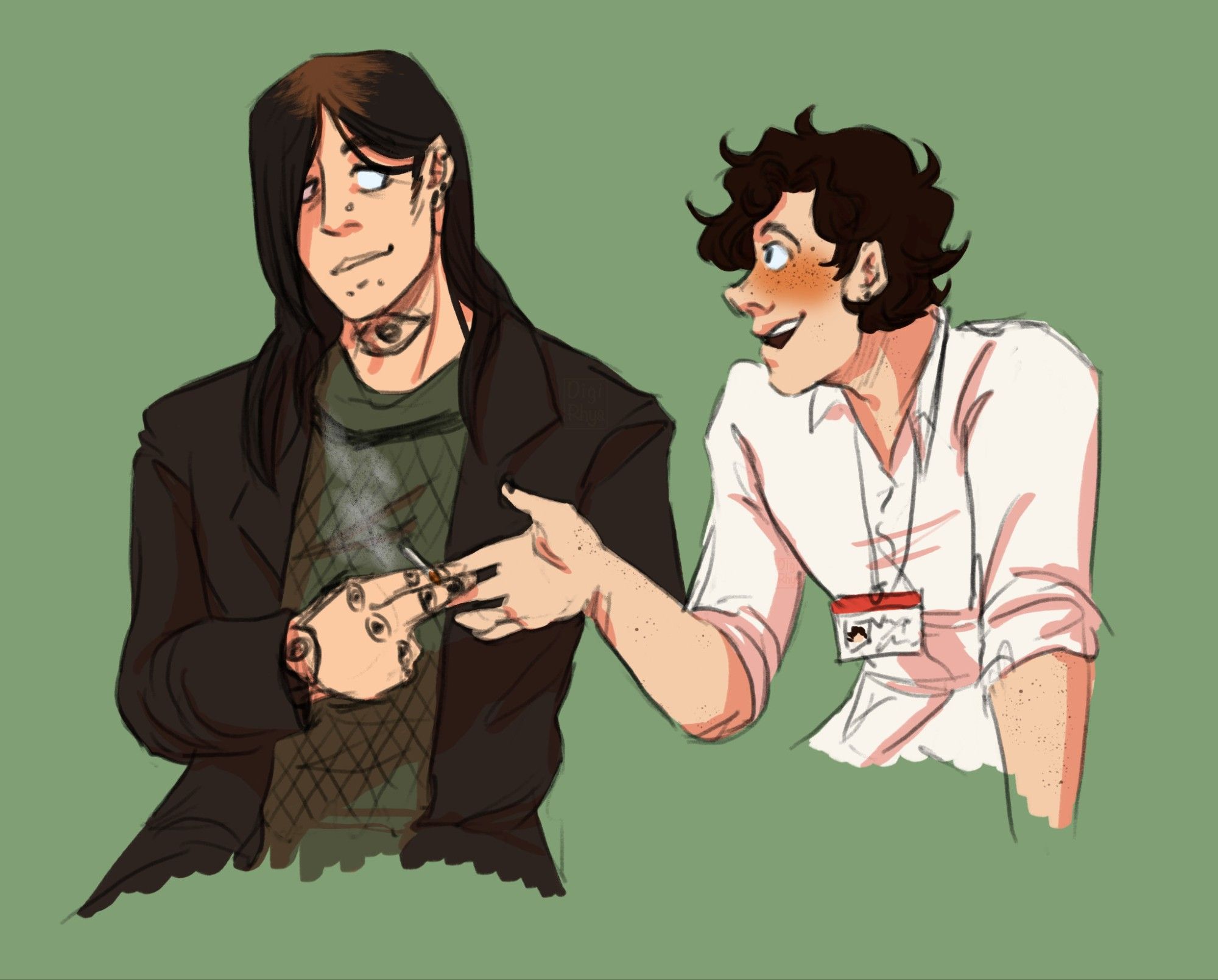 Colored digital drawing of Gerry Keay (from TMA) and Victor. Victor is visibly younger as an intern with the Institute, face clean-shaved and hair still short, smiling brightly at Gerry and blushing slightly. Gerry smiles back gently as Victor talks and holds a cigarette out to him.