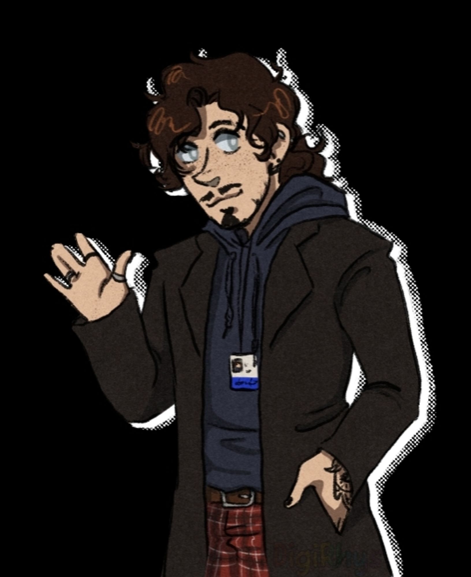 Digital drawing of Victor in a semi-chibi style, smiling and waving, one hand tucked in his coat pocket.