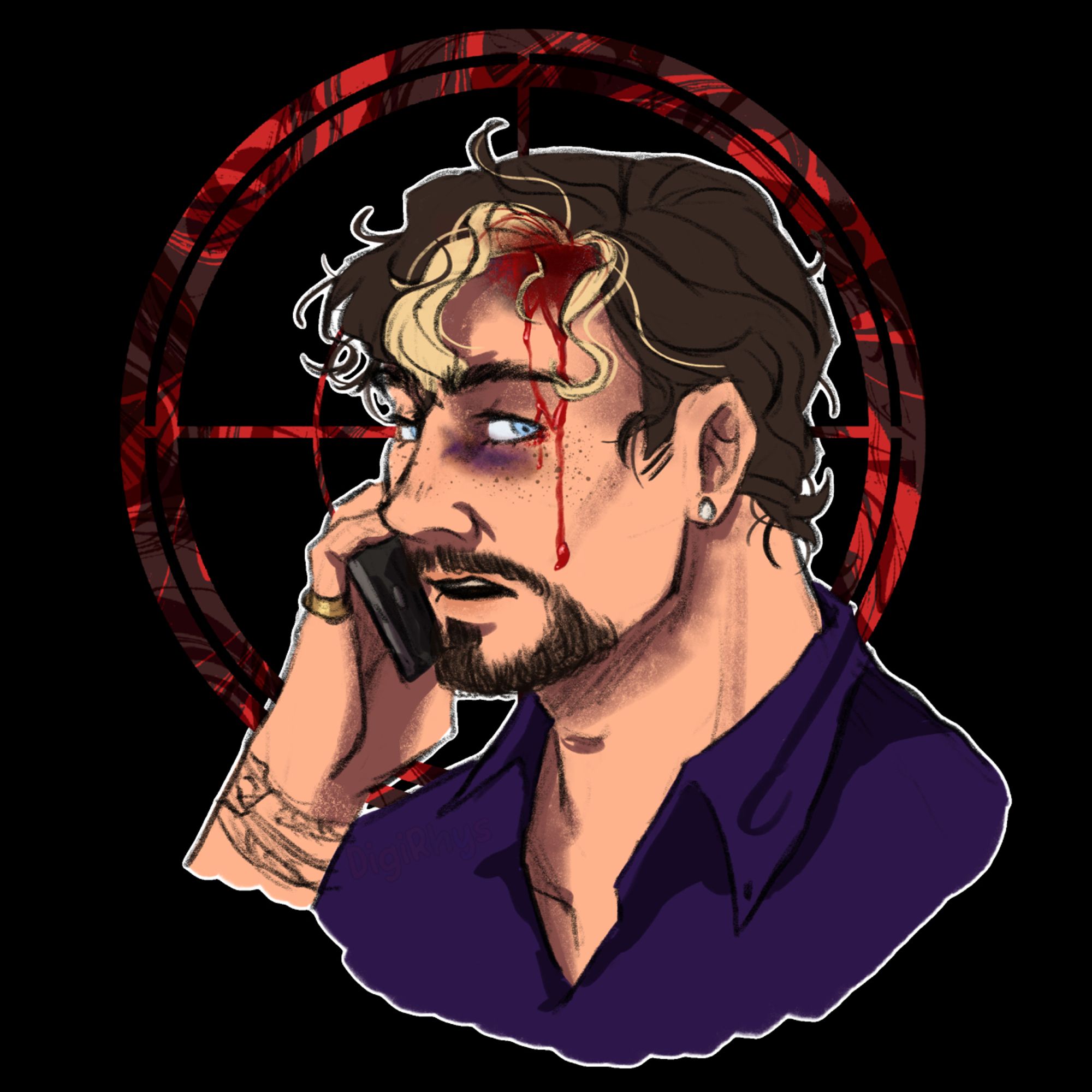 Colored digital bust of my OC, Artyom Ivanovsky, facing 3/4 left and wearing a dark purple dress shirt. His hair is mussed an a wound on his temple drips blood down his face and over his left eye, partially saturating the blond streak in his hair. He's talking on a cell phone and in the background behind him is a dark red mark resembling the crosshairs of a gun scope.