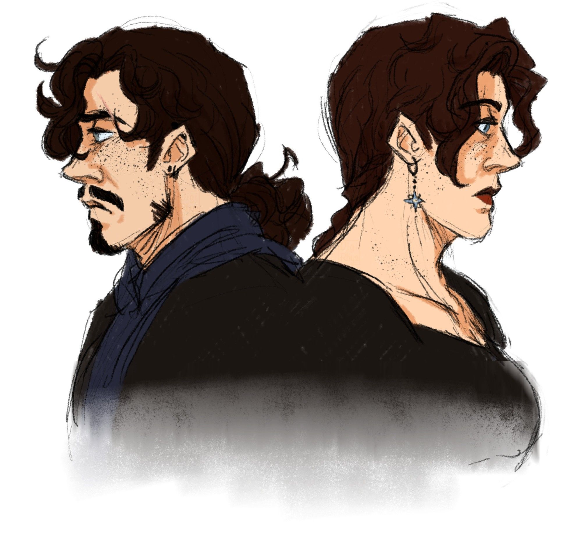 Colored headshots of Victor and his mother, Victeoiria, back-to-back. Her expression mostly neutral with a hint of stern indifference. Victor grimaced, lips pulled in a frown. Her hair is longer, pulled back in a braid, and a slightly lighter red than his, but the two are nearly identical feature-wise.