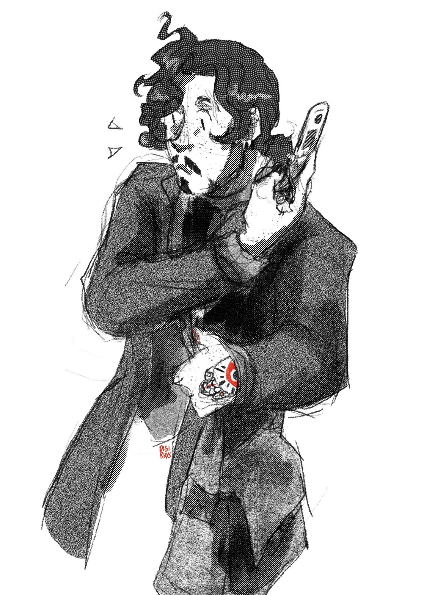 Digital black & white sketch of Victor shaded roughly with various grit and halftone-texture brushes, the only color accents are the red parts of his hand tattoo. He's clutching the strap of his messenger bag while his other arm crosses over his chest, holding an old flip phone (specifically a Motorola RAZR V3i) several inches from his ear.