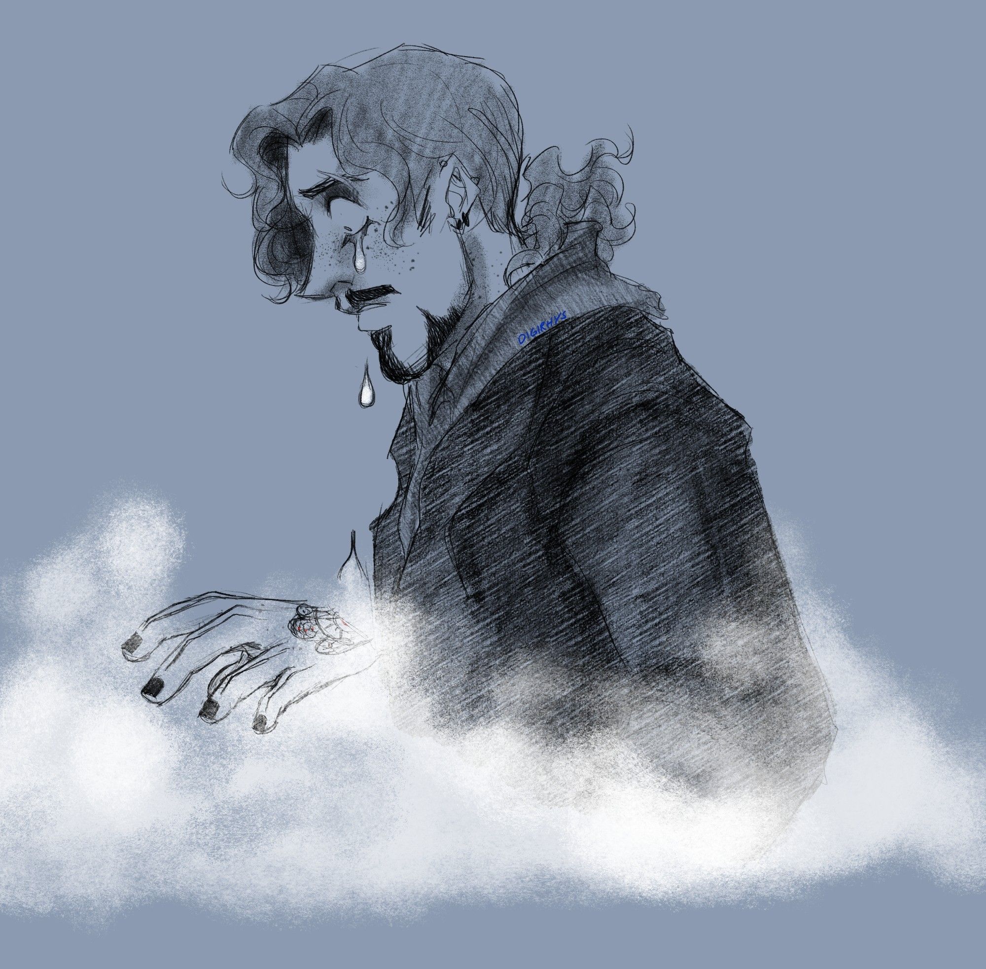 Digital sketch of Victor in profile from waist up on a greyish-blue background. He's staring down in distress at a mass of fog swirling around him, two stylized tears falling from his eye.