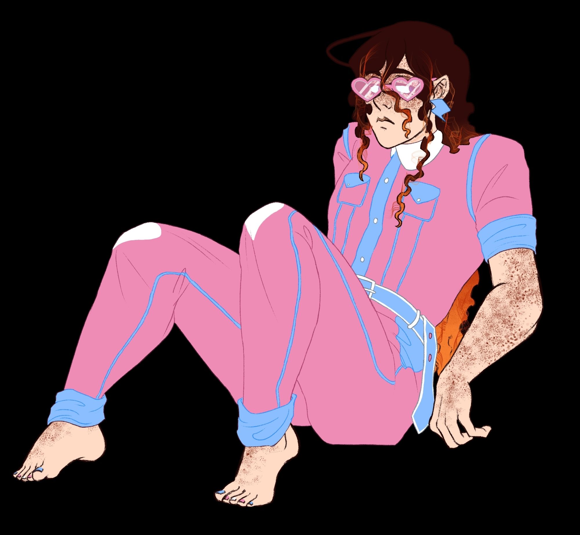 Digital drawing of my OC Rory reclining on its elbows. It's wearing a light pink jumpsuit with the sleeves and pants cuffed. The stitching details, inside of the cuffs, and belt are light blue. There's a white collar and white hearts on the knees. It's wearing a blue lightning bolt earring and pink heart sunglasses. Its toenails are painted in the same blue, pink, and white of the outfit.