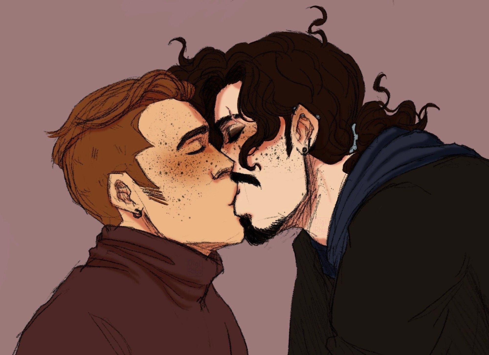 Colored digital busts of my OCs Victor and Charles (both he/him), leaned in and kissing, both their eyes closed.