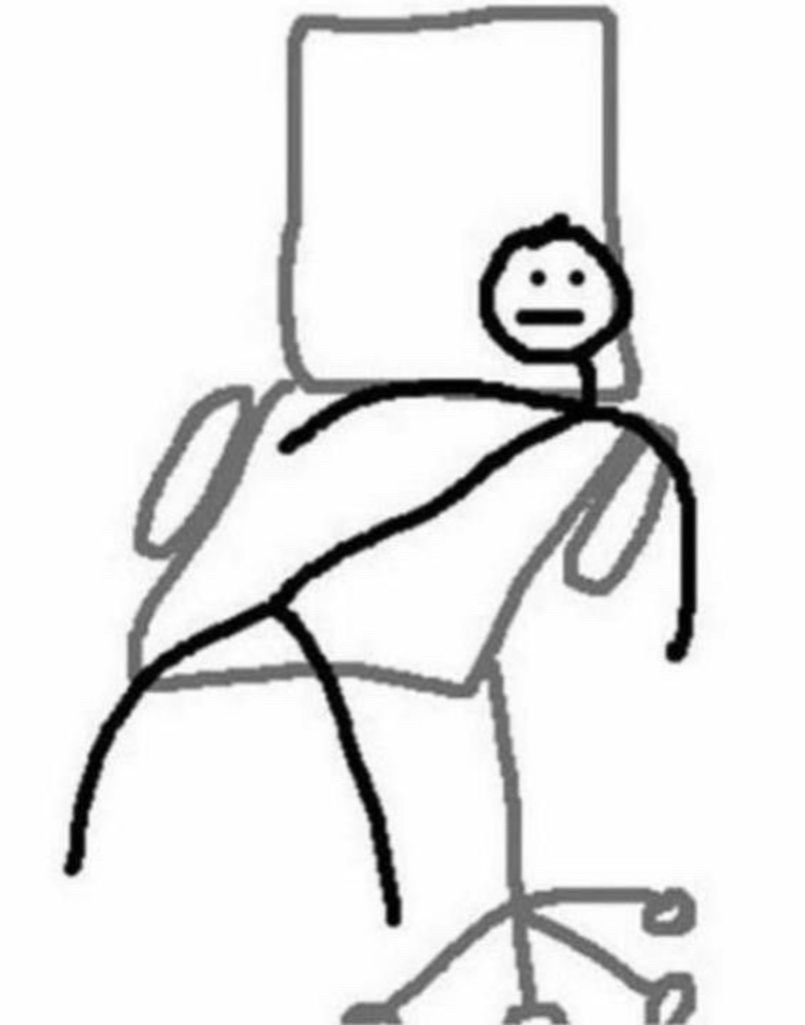 MS paint drawing of a stick figure with a :| face lying in a horribly drawn office desk chair