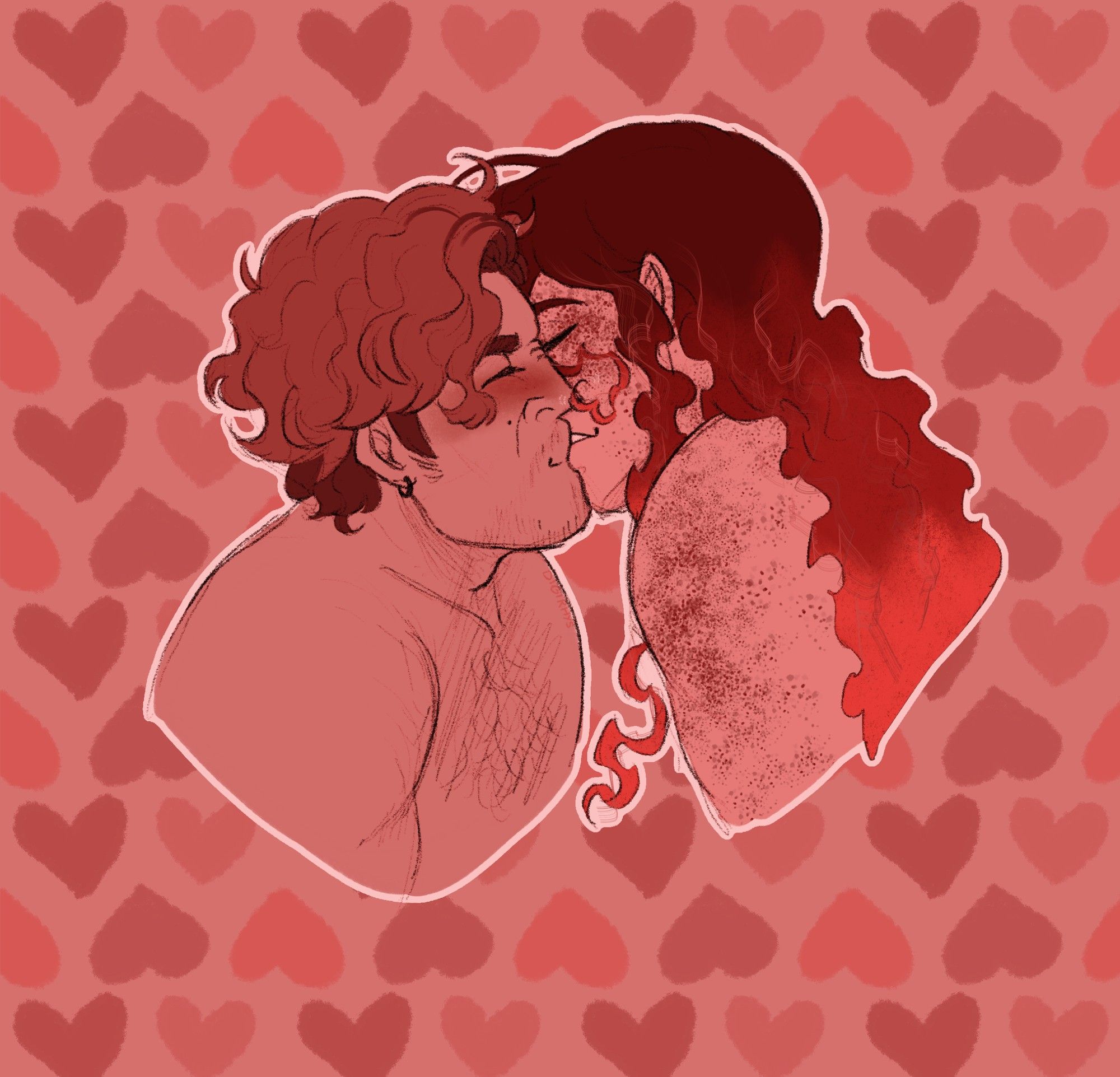 Digital busts of OCs Tobi and Rory (he/him and it/its), colored in shades of red and pink with red and pink repeating hearts in the background. They're leaned in and kissing sweetly, Tobi's nose scrunched as a lock of Rory's hair tickles his nose. Both are smiling against each other's lips.