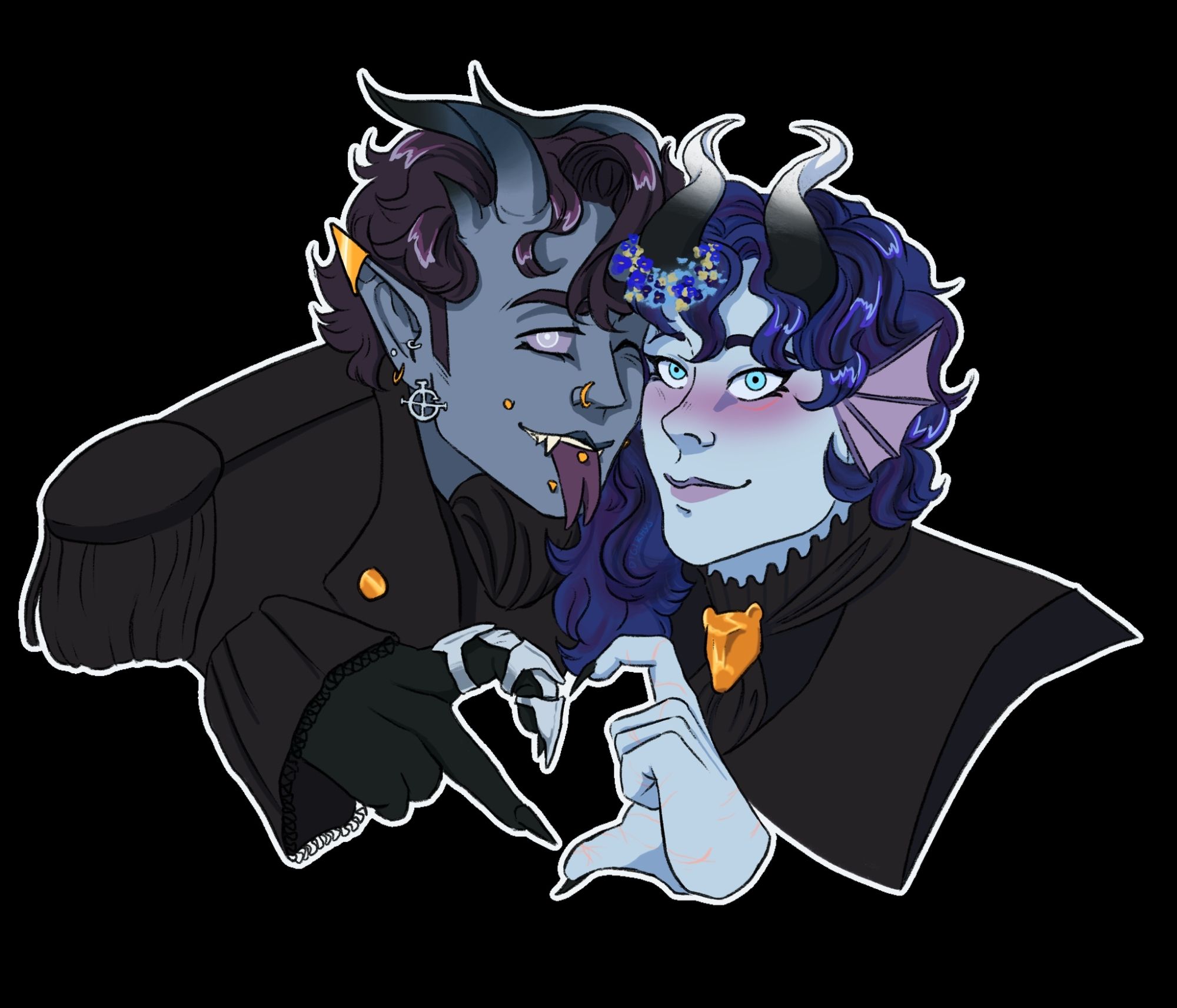 Colored drawing of two Nameless Ghoul OCs: Zephyr (he/him, left) and Nebula (she/her, right). They're pressed cheek-to-cheek and smiling, each making half a heart with their hands. Zephyr has a slate skintone and pale eyes with dark scalera, dark curly hair, two sets of horns, and multiple facial piercings. He's sticking his tongue out and it's also pierced and bifurcated. Nebula has paler blue-toned skin and icy blue eyes (there's a thin scar under her left eye and several on her hand), with wavy dark blue hair that has tints of deep purple and black – it's cut short on one side but left long on the other. She has a single pair of horns and a wreath of little flowers around her right horn.