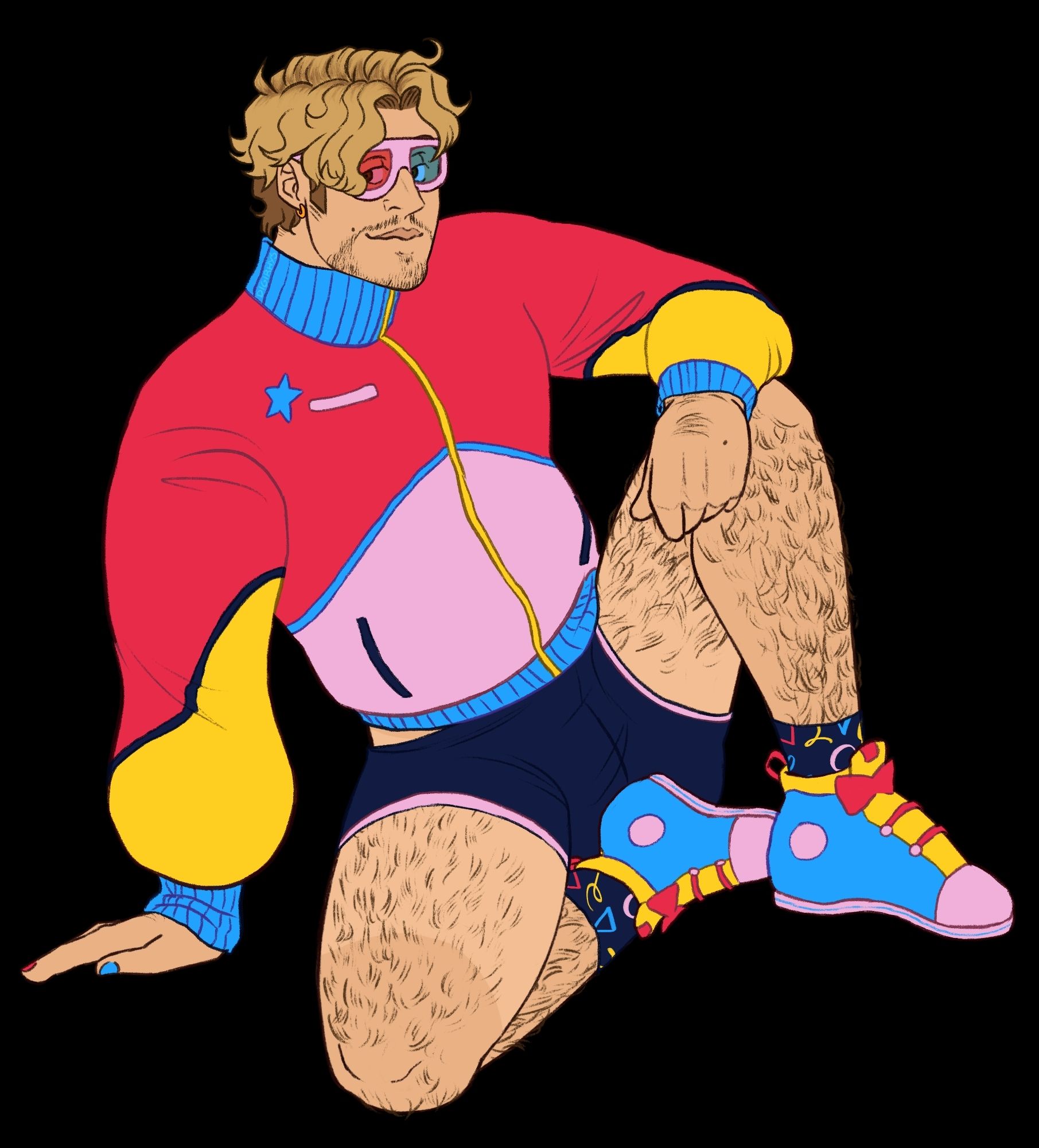 Digital drawing of my OC Tobi sitting propped on one arm with his other arm hooked on his knee. He's wearing a puffy windbreaker in light pink, bright gold and bright pinkish-red, and baby blue trim. He's got navy short-shorts and navy socks with a bright squiggle pattern that looks like retro carpet. His sneakers are baby blue with pink trim and a gold tongue, and red bow. His nails are painted red and blue and he's wearing old-school red-blue lens 3D glasses.