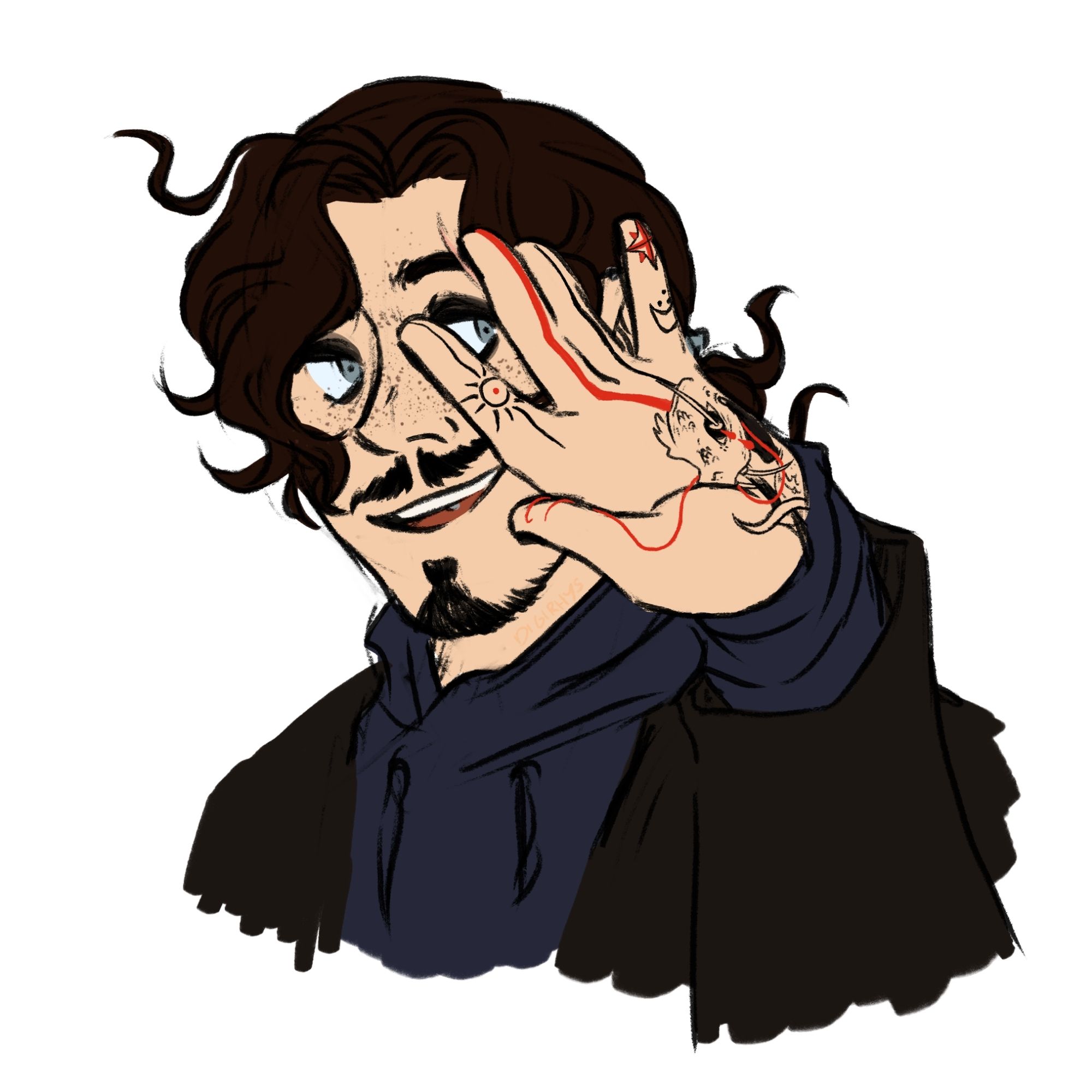 A more recent digital drawing of Victor from the shoulders up. He's facing the screen and smiling, mouth open, with his left hand raised and partially obscuring his face. His hand is palm-out to show off the tattoos on that side: a snake on his palm with its mouth open and tongue reaching out over the pad of his thumb, a sun on his index finger, a flat red line down his middle finger that intersects with the top of the snake's head, a stylized star and crescent moon on his pinky. A thin sword is stabbed into the snake's mouth and emerges out its eye, the blade reaching up the length of his ring finger. There is a red accent in the star on his pinky, a red dot in the center of the son, and the snake's tongue is red. Two red tears fall from the snake's pierced eye.