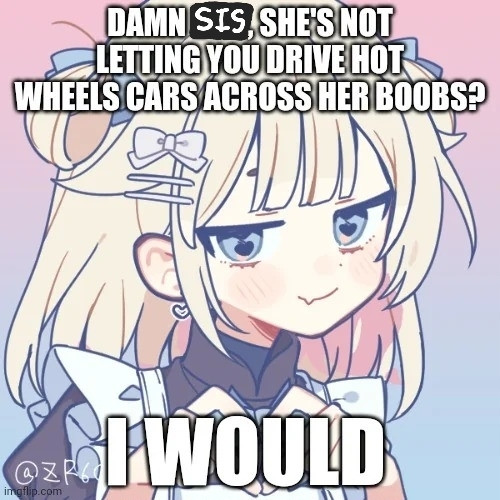 A cute girl picrew, with the meme caption:
Damn sis, she's not letting you drive hot wheels cars across her boobs?
I WOULD