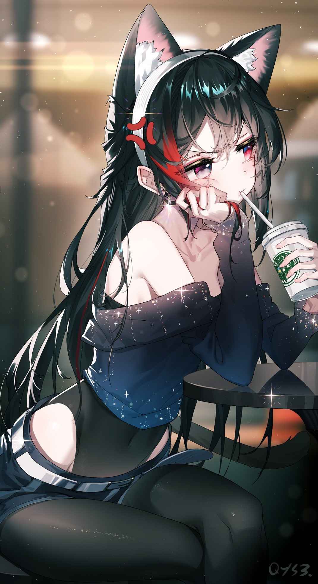 Art of a catgirl pouting while drinking Starbucks