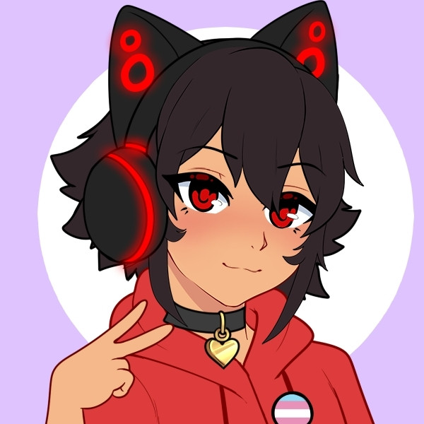 Picrew of a girl with catear headset, red jacket, light brown skin and a trans pin