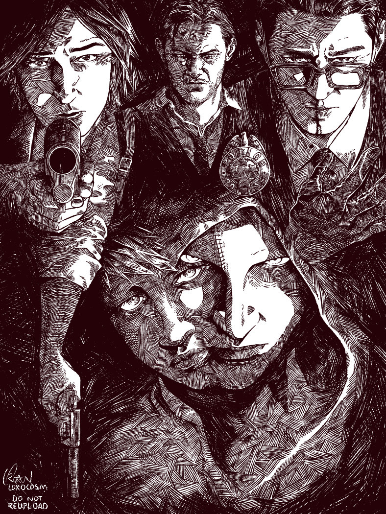 An ink style drawing of the main cast of The Evil Within. Dead center is a close-up of Leslie and Ruvik; they are drawn so that they blend into each other. Framing them is Sebastian who is holding is revolver in his right hand, the only arm that is visible in the deep hatching that dominates the piece. To the left is Juli who is pointing her gun at the viewer with a surprised and pained expression. To the right is Joseph, who is clutching his chest and bleeding from his nose. All of them are cast in a bright light with deep shadows while looking directly at the viewer.